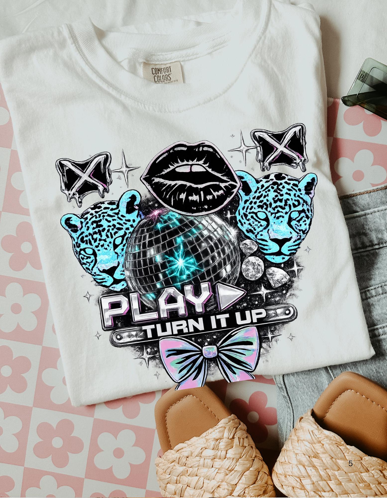 Play Turn It Up graphic T-shirt | retro lips, neon leopards, butterfly