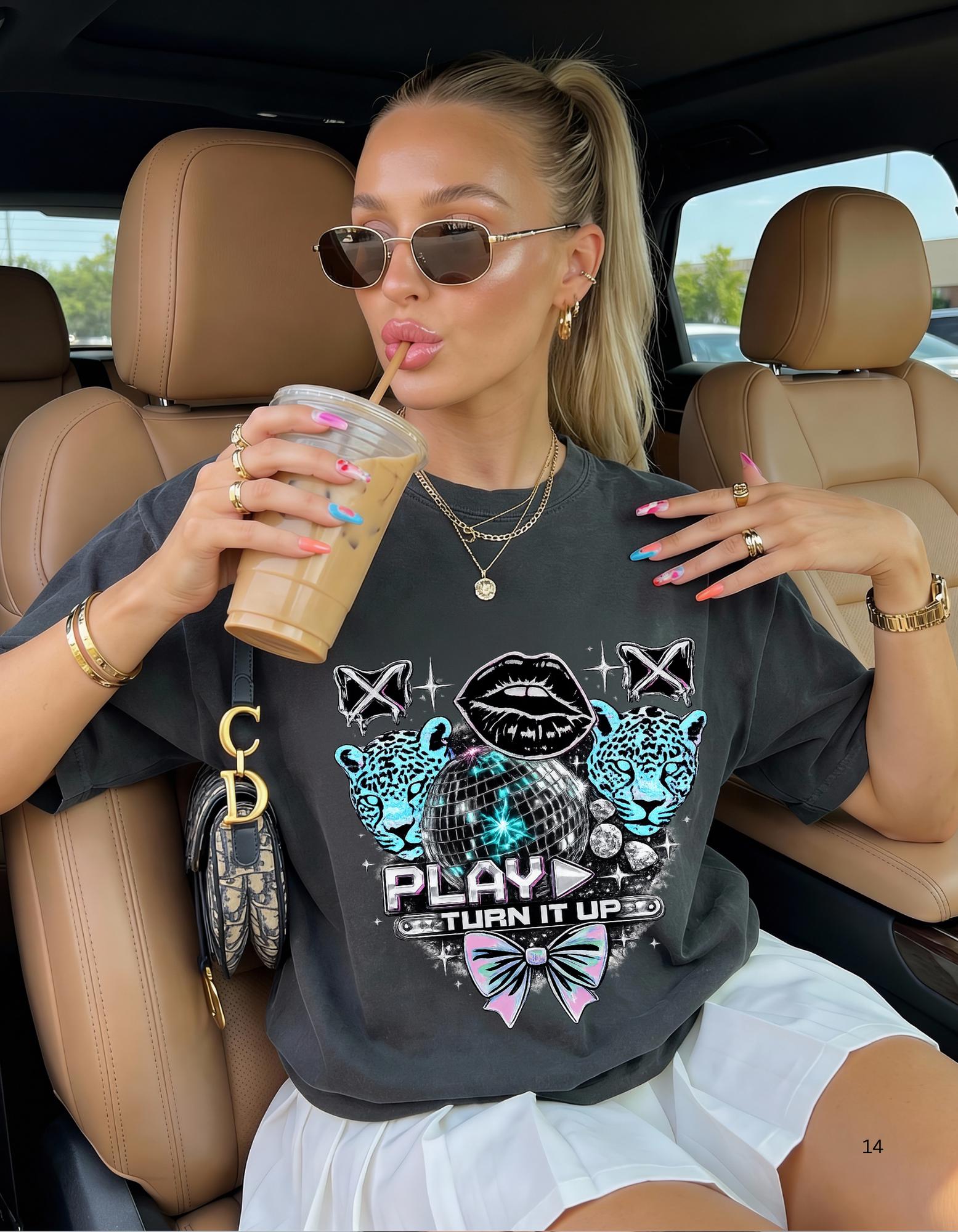 Play Turn It Up graphic T-shirt | retro lips, neon leopards, butterfly