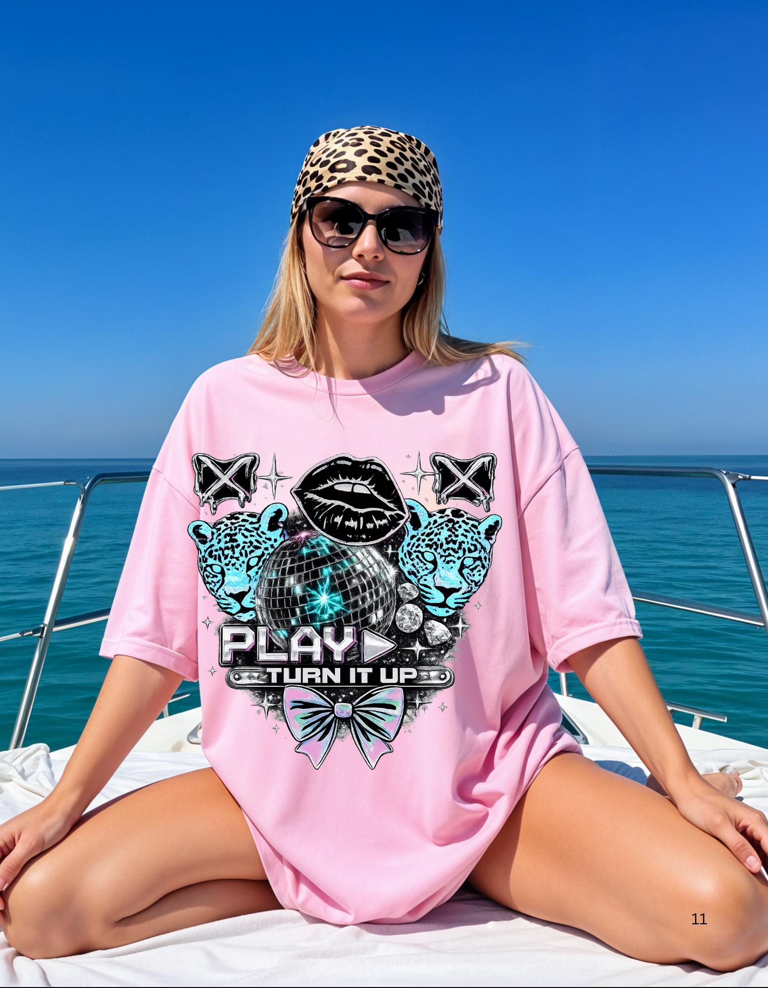 Play Turn It Up graphic T-shirt | retro lips, neon leopards, butterfly