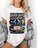 Seven Days horror collage T-shirt | VHS, clock, warning signs
