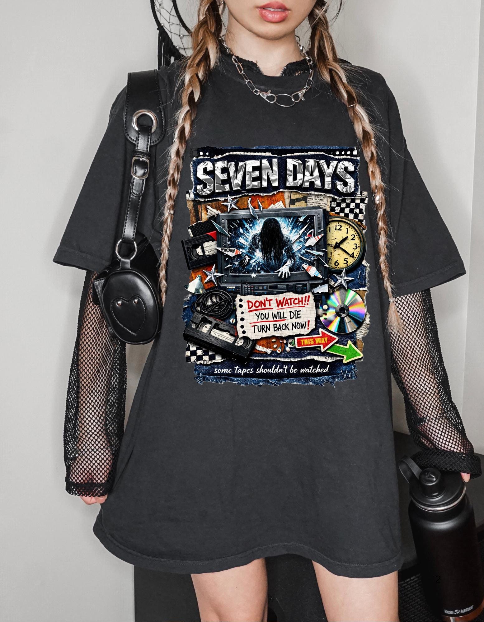 Seven Days horror collage T-shirt | VHS, clock, warning signs