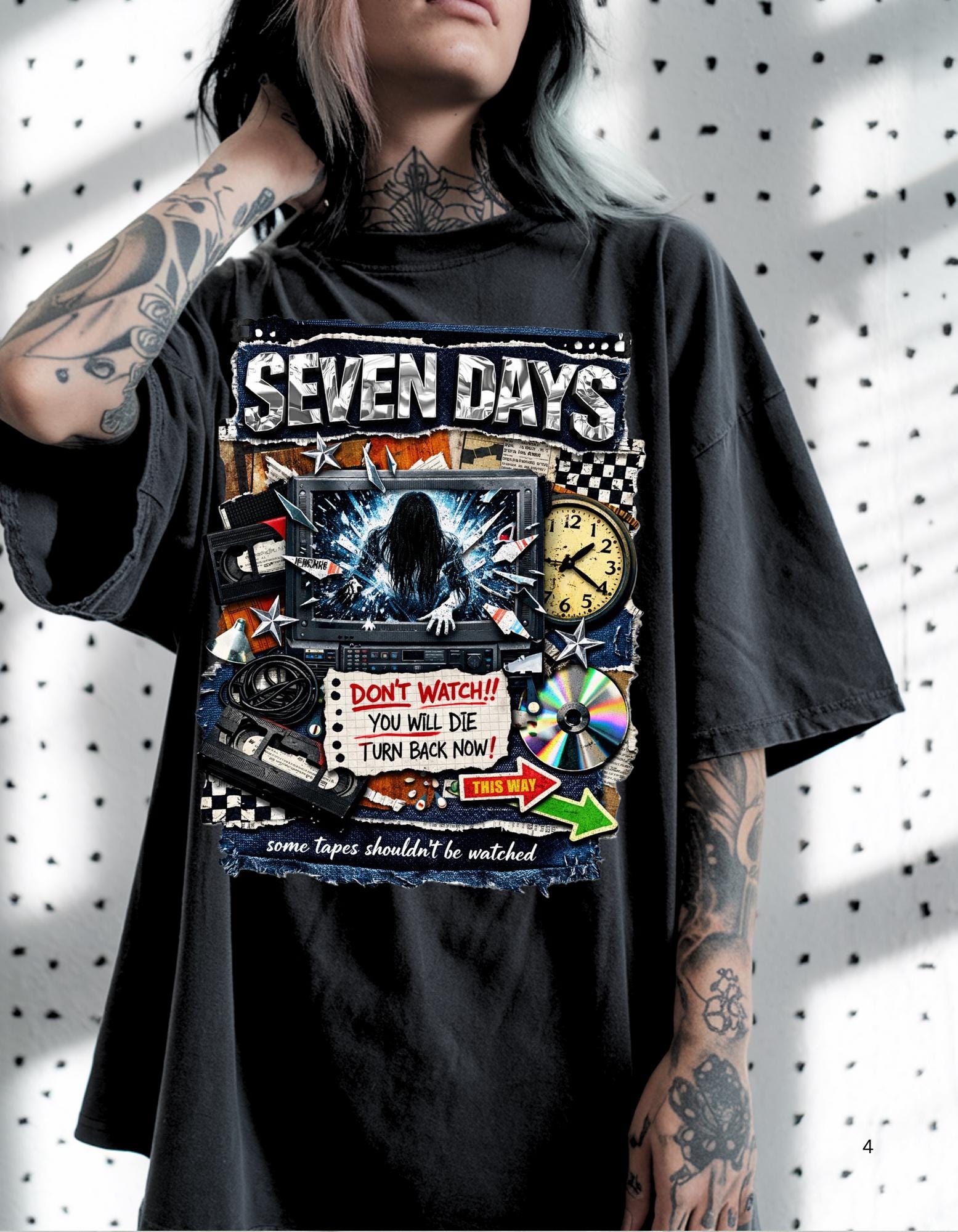 Seven Days horror collage T-shirt | VHS, clock, warning signs