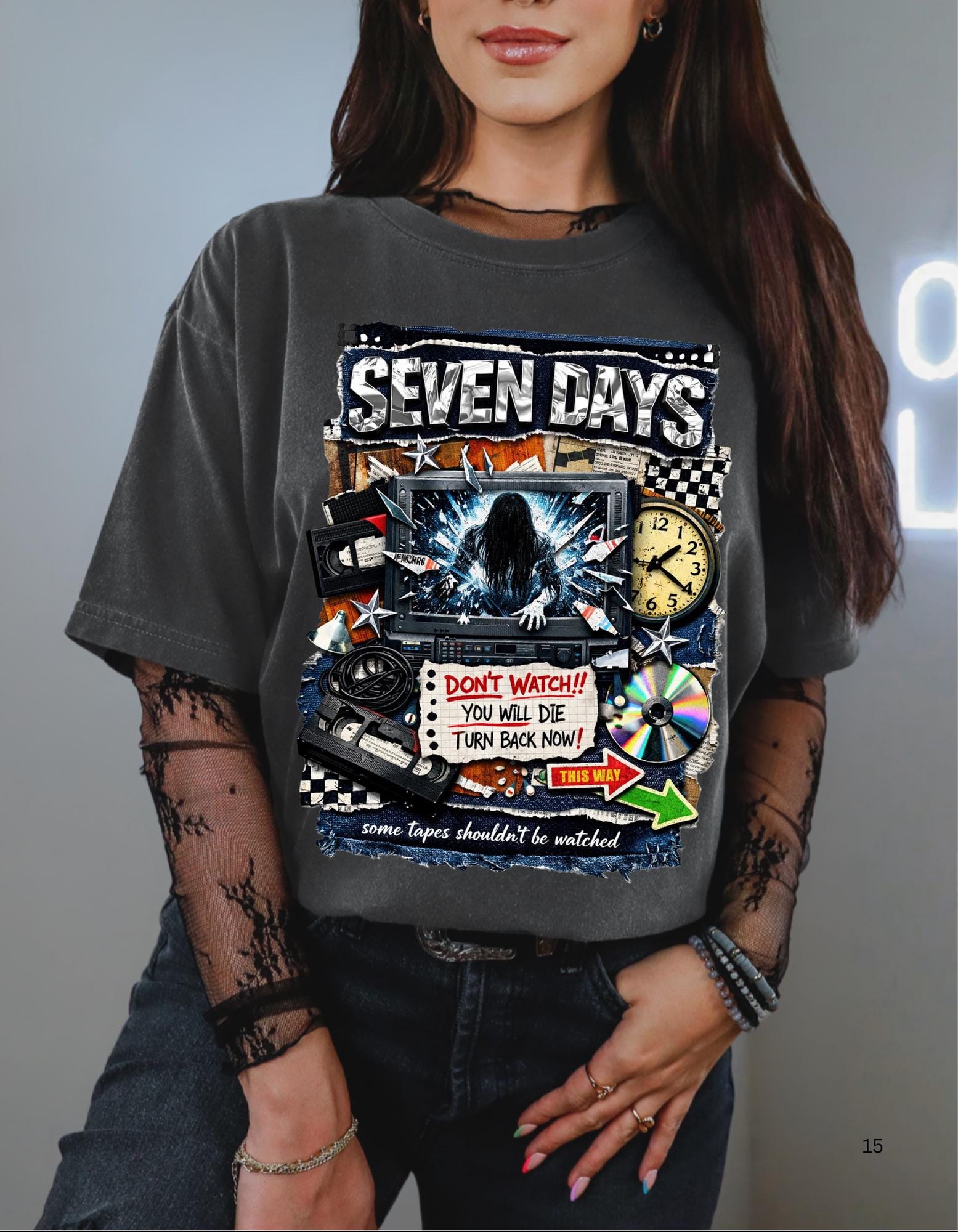 Seven Days horror collage T-shirt | VHS, clock, warning signs