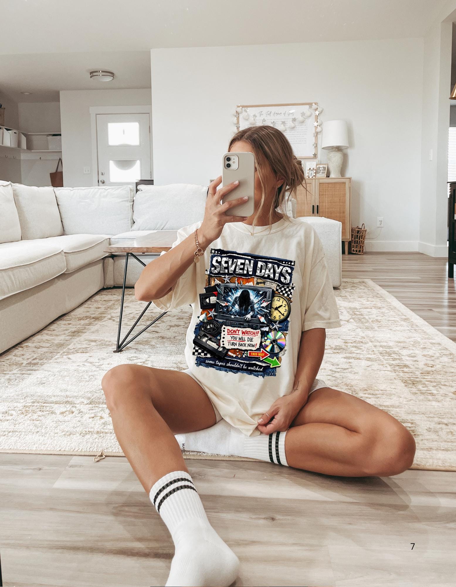 Seven Days horror collage T-shirt | VHS, clock, warning signs