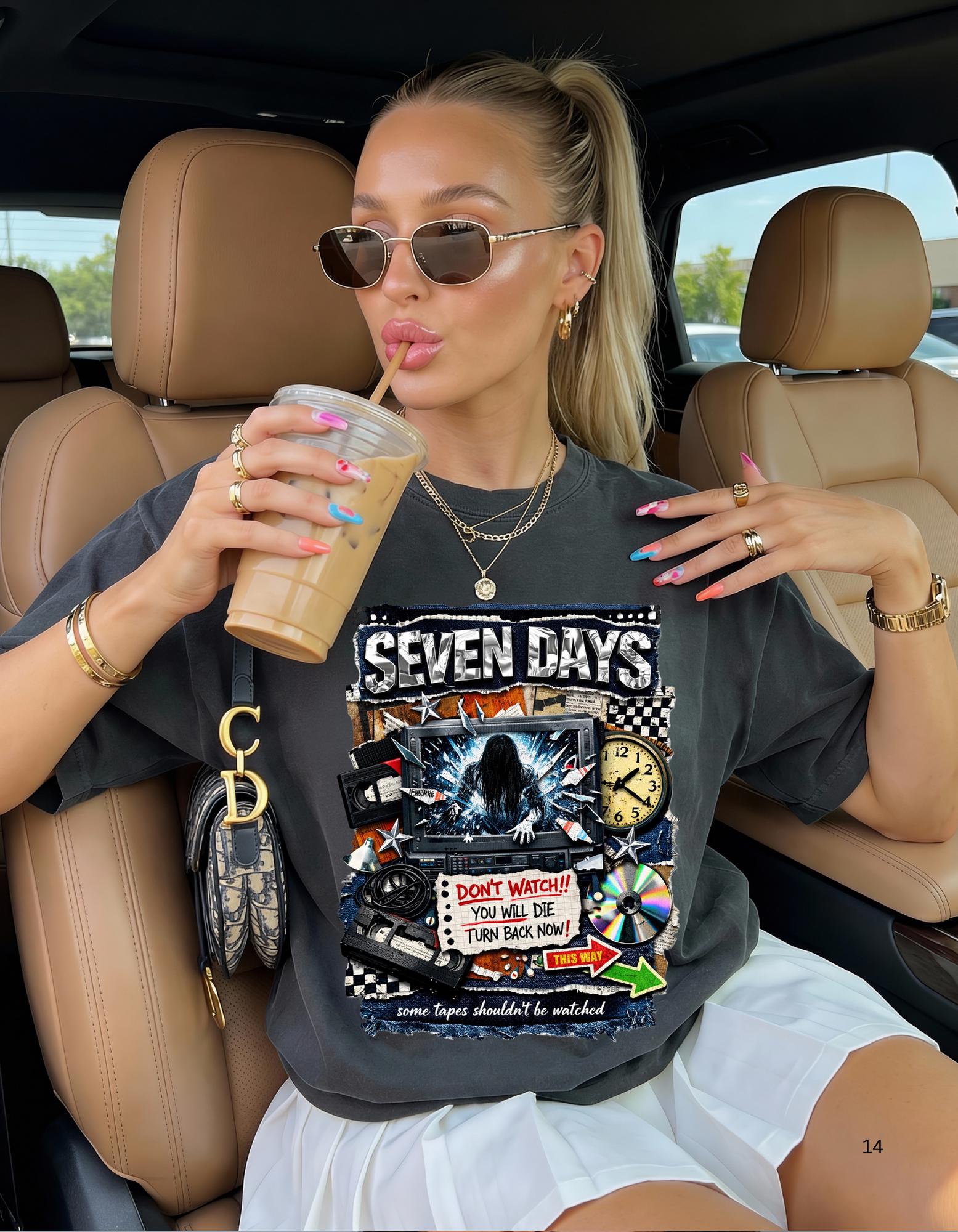 Seven Days horror collage T-shirt | VHS, clock, warning signs