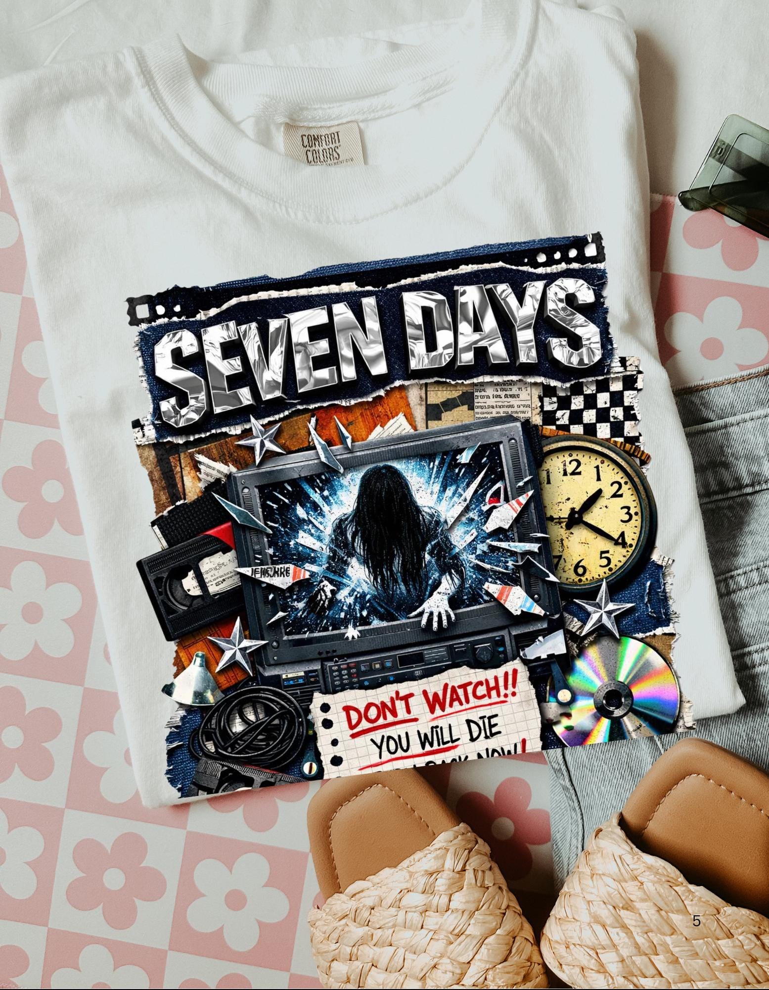 Seven Days horror collage T-shirt | VHS, clock, warning signs
