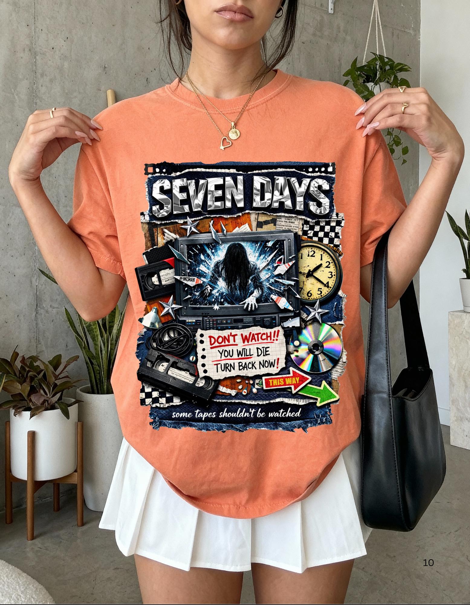 Seven Days horror collage T-shirt | VHS, clock, warning signs
