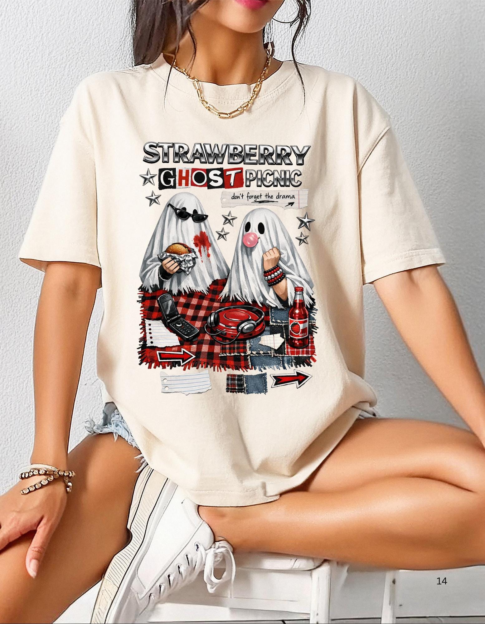 Strawberry Ghost Picnic T-Shirt | Spooky Ghosts Eating Fruit Graphic Tee