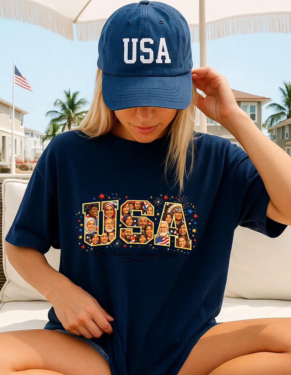 USA Melting Pot Photo Collage T-Shirt | Patriotic America Unity Diverse Faces Celebration Tee