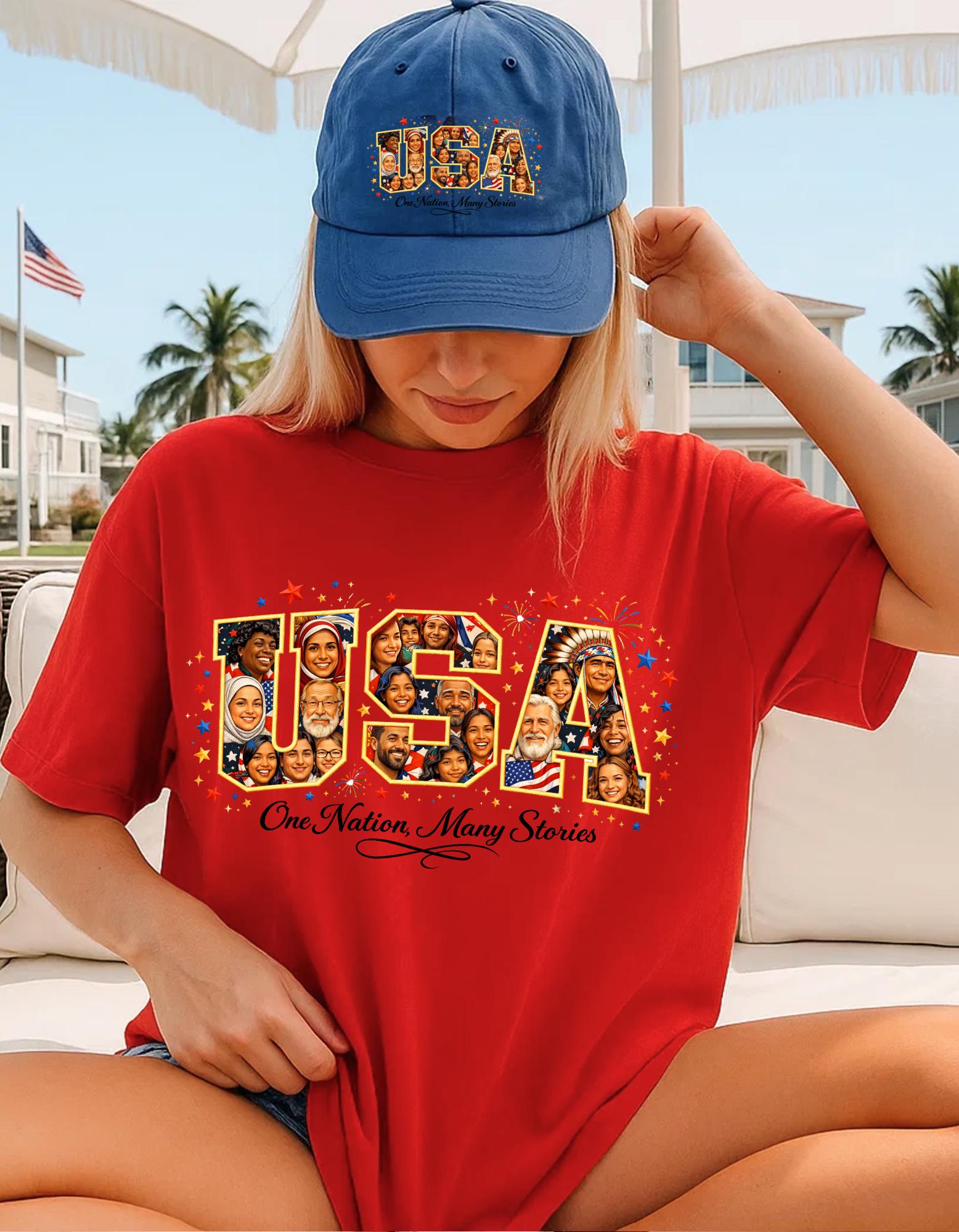 USA Melting Pot Photo Collage T-Shirt | Patriotic America Unity Diverse Faces Celebration Tee
