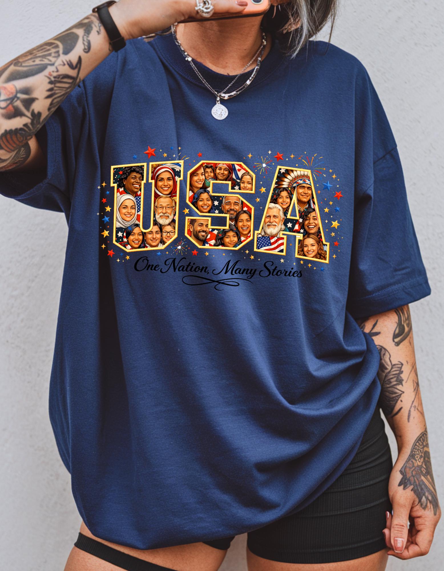 USA Melting Pot Photo Collage T-Shirt | Patriotic America Unity Diverse Faces Celebration Tee