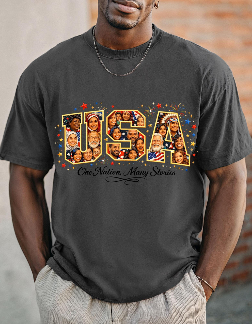 USA Melting Pot Photo Collage T-Shirt | Patriotic America Unity Diverse Faces Celebration Tee
