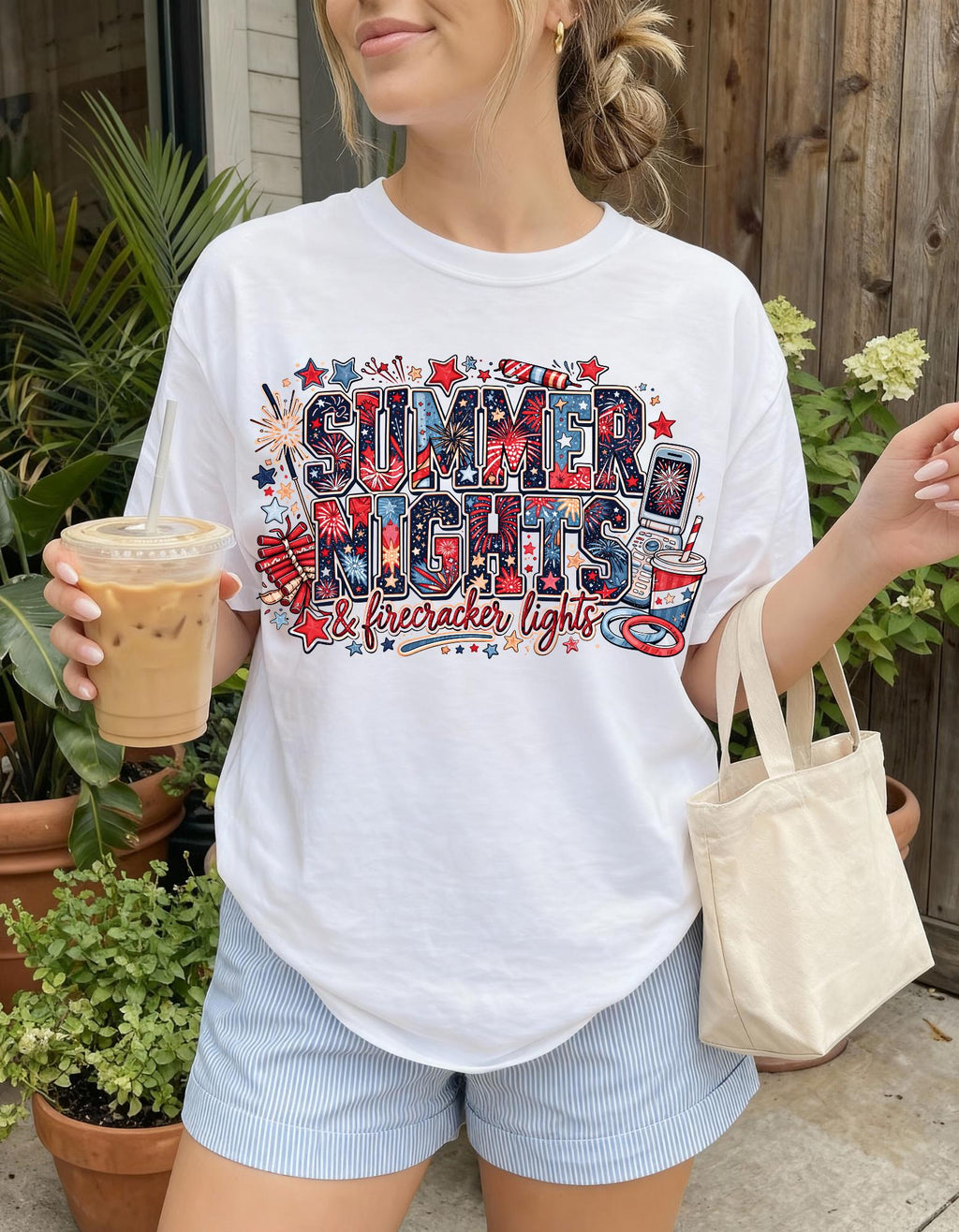 Summer Nights Firecracker Graphic T-Shirt | Patriotic Fireworks Design Unisex Tee Fourth of July Holiday Gift