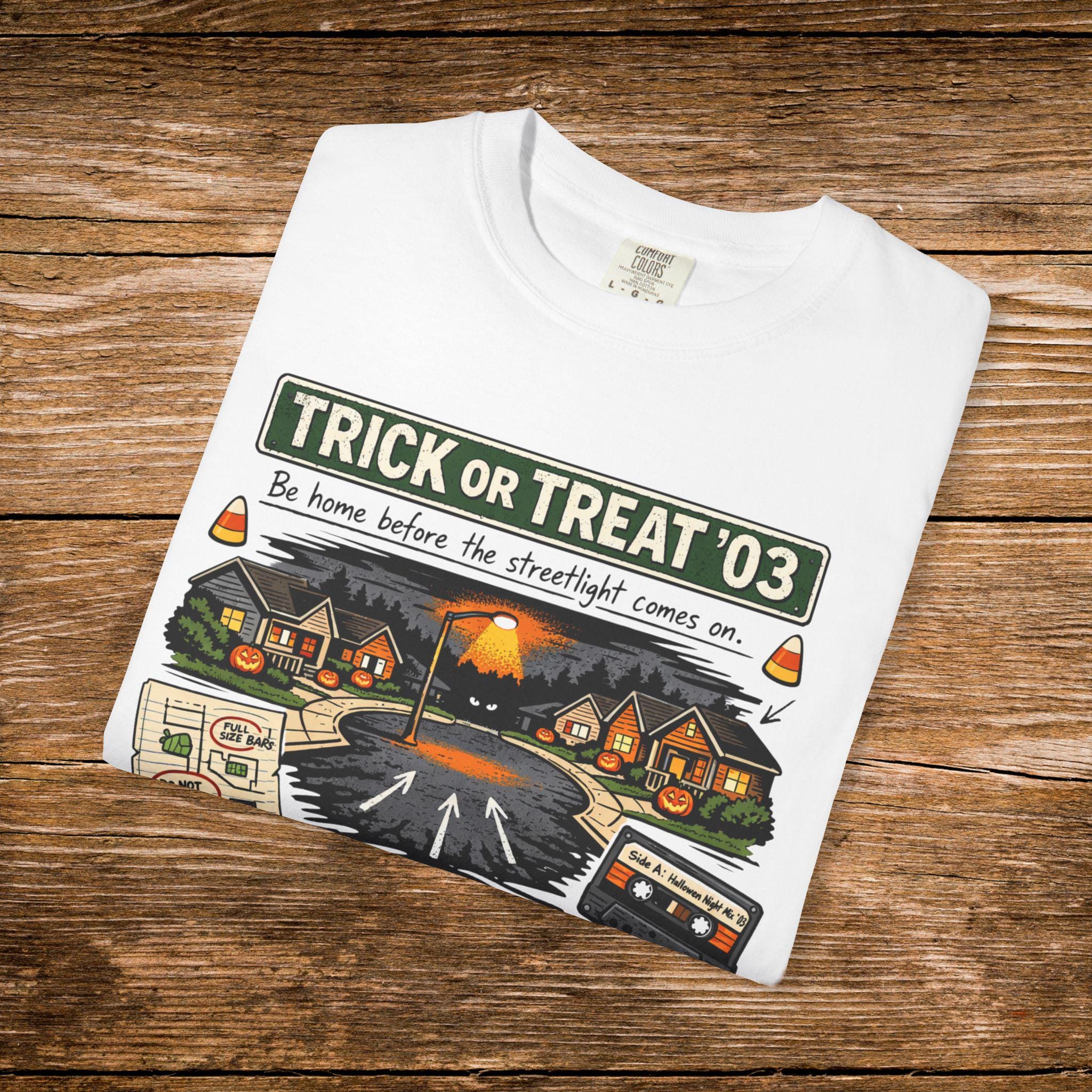 Trick or Treat '03 Halloween Collage T-Shirt | Haunted Neighborhood Vintage Spooky Graphic Tee