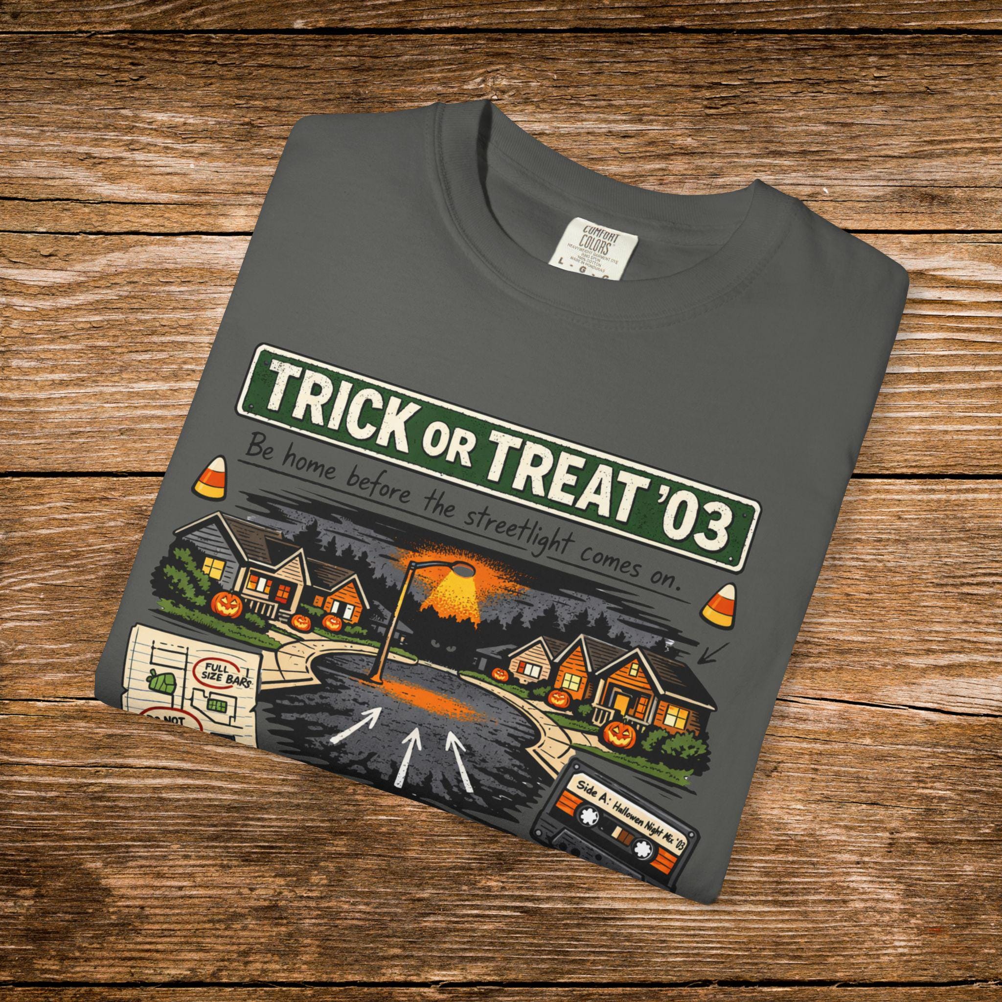 Trick or Treat '03 Halloween Collage T-Shirt | Haunted Neighborhood Vintage Spooky Graphic Tee