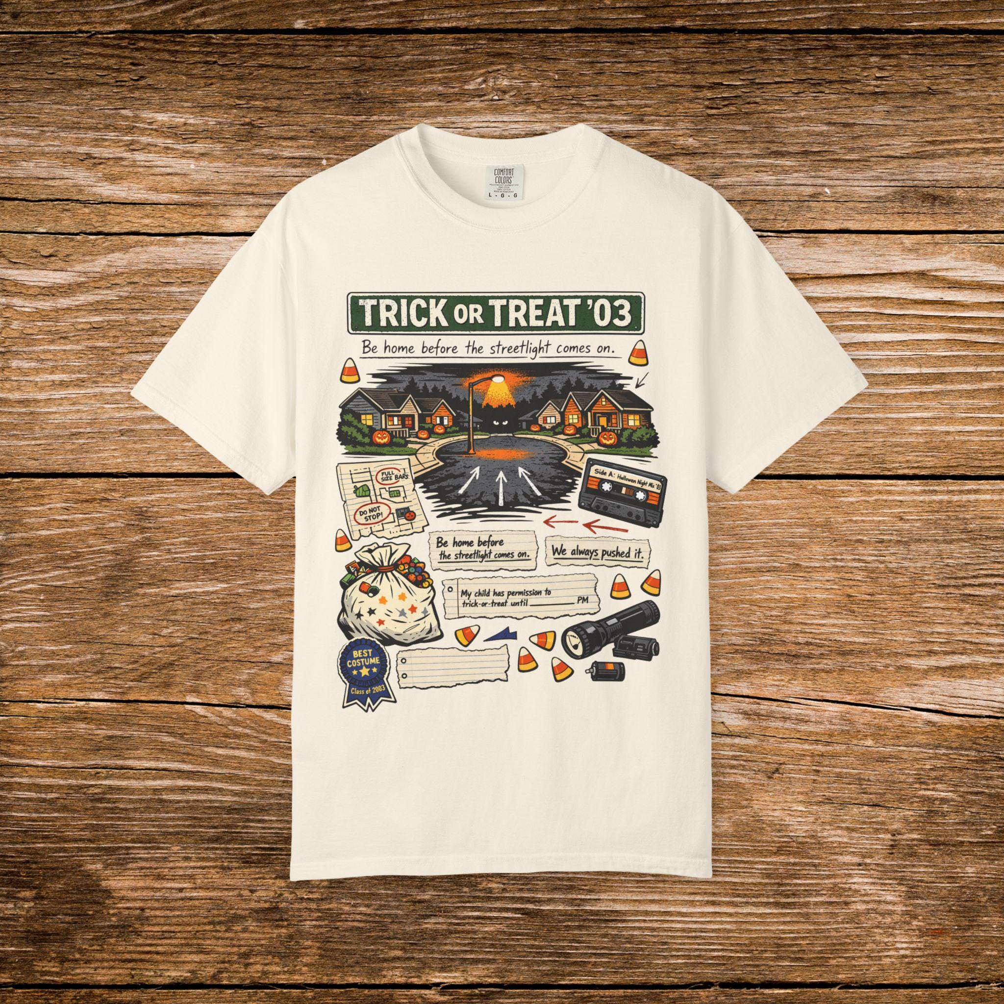 Trick or Treat '03 Halloween Collage T-Shirt | Haunted Neighborhood Vintage Spooky Graphic Tee