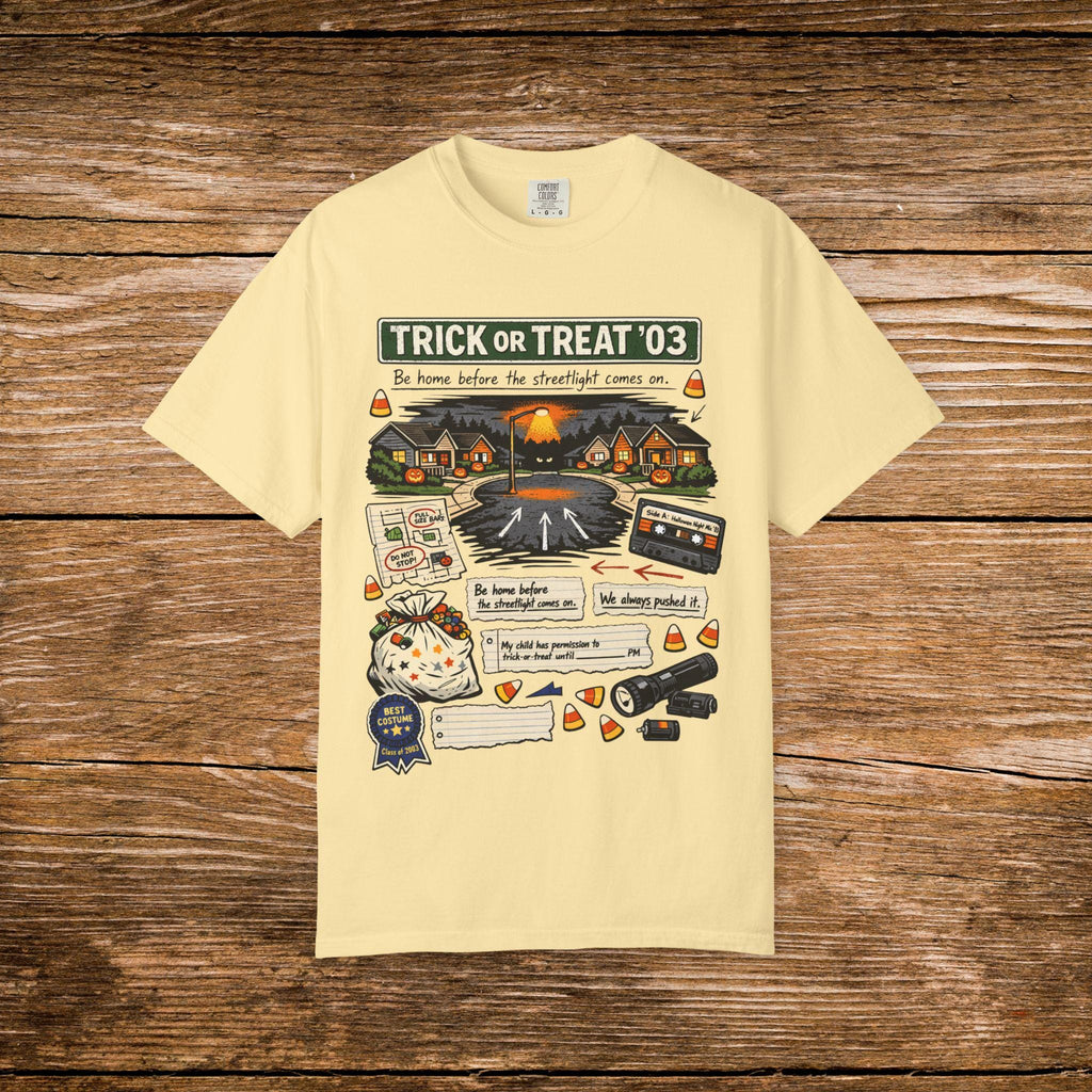 Trick or Treat '03 Halloween Collage T-Shirt | Haunted Neighborhood Vintage Spooky Graphic Tee