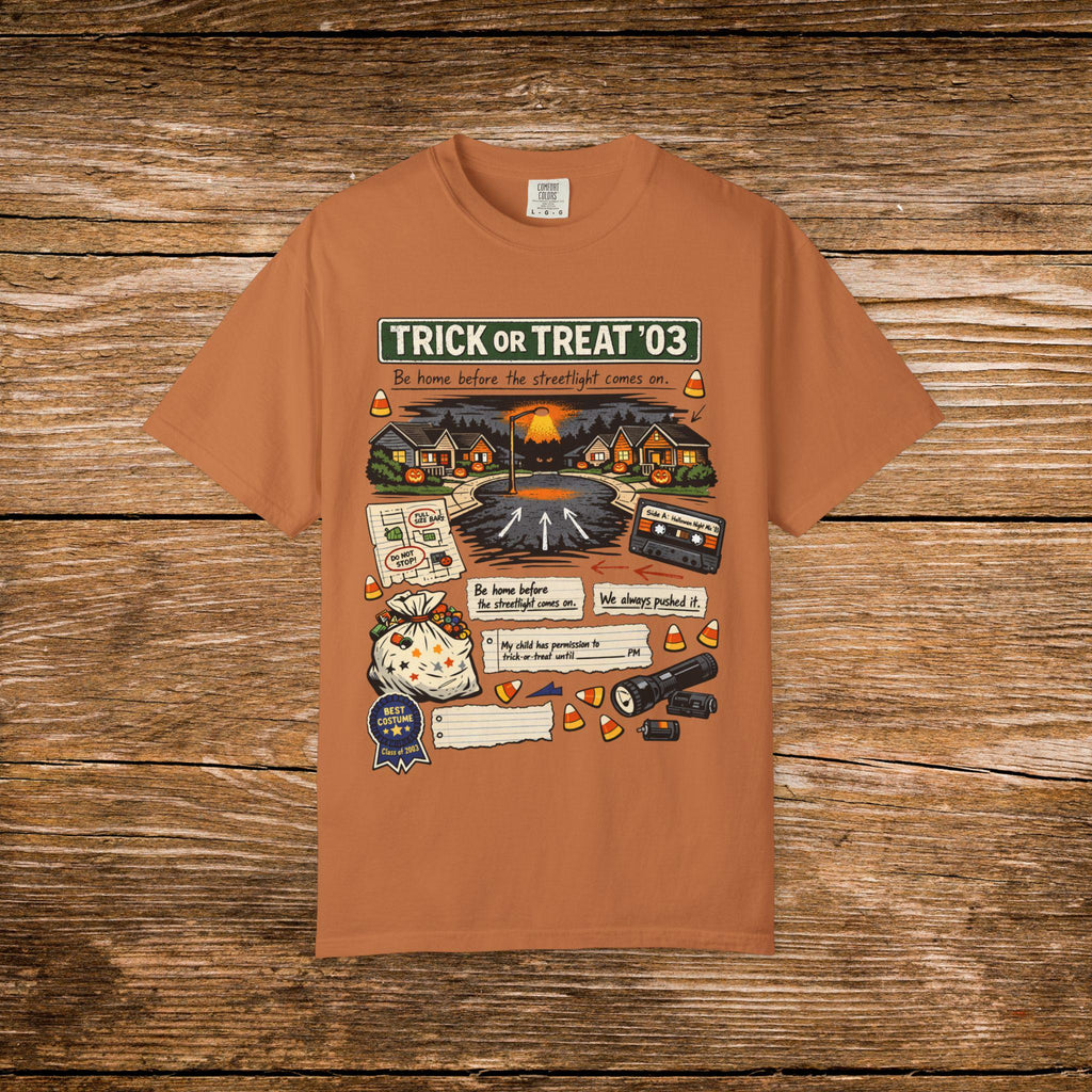 Trick or Treat '03 Halloween Collage T-Shirt | Haunted Neighborhood Vintage Spooky Graphic Tee