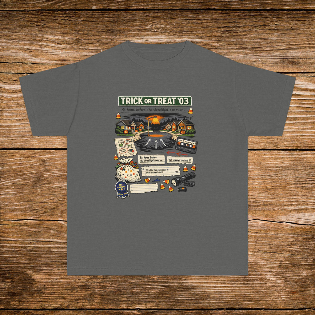 Youth Halloween Collage T-Shirt – Trick or Treat '03 Spooky Graphic Tee