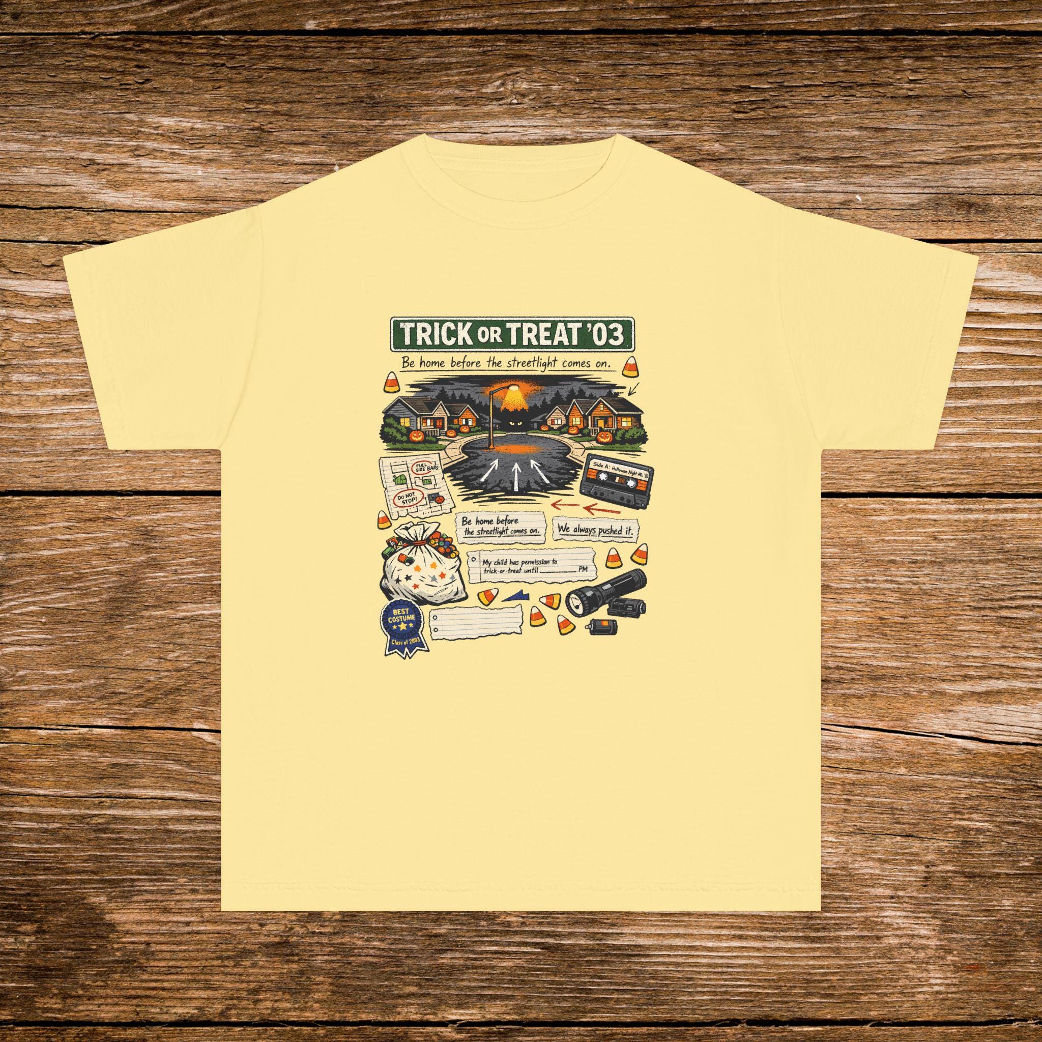 Youth Halloween Collage T-Shirt – Trick or Treat '03 Spooky Graphic Tee