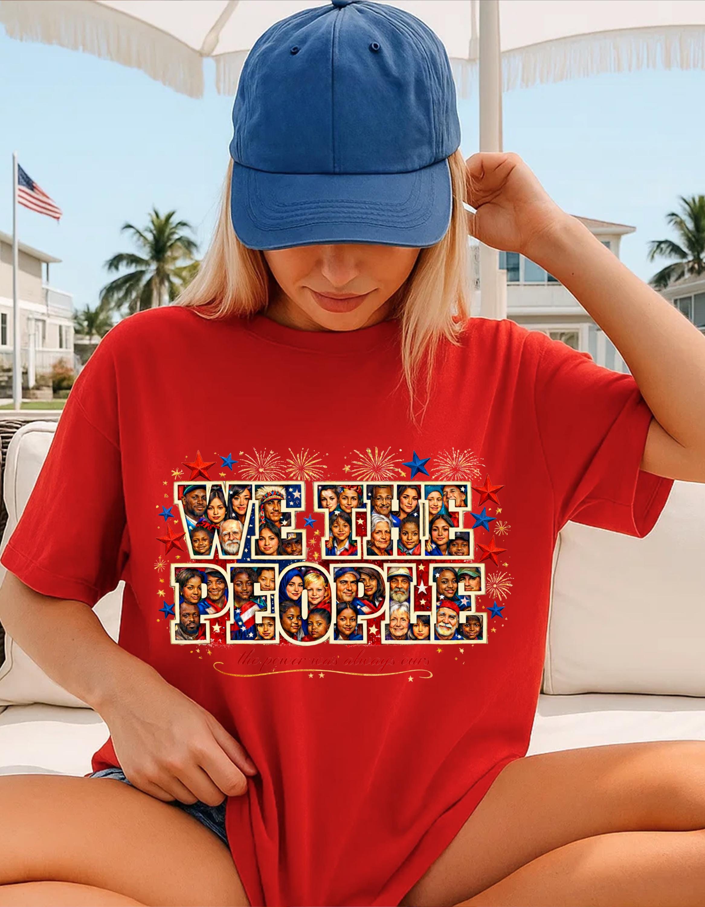 We The People Melting Pot Collage T-Shirt | Patriotic Stars Faces Typography Vintage Political Unity Tee