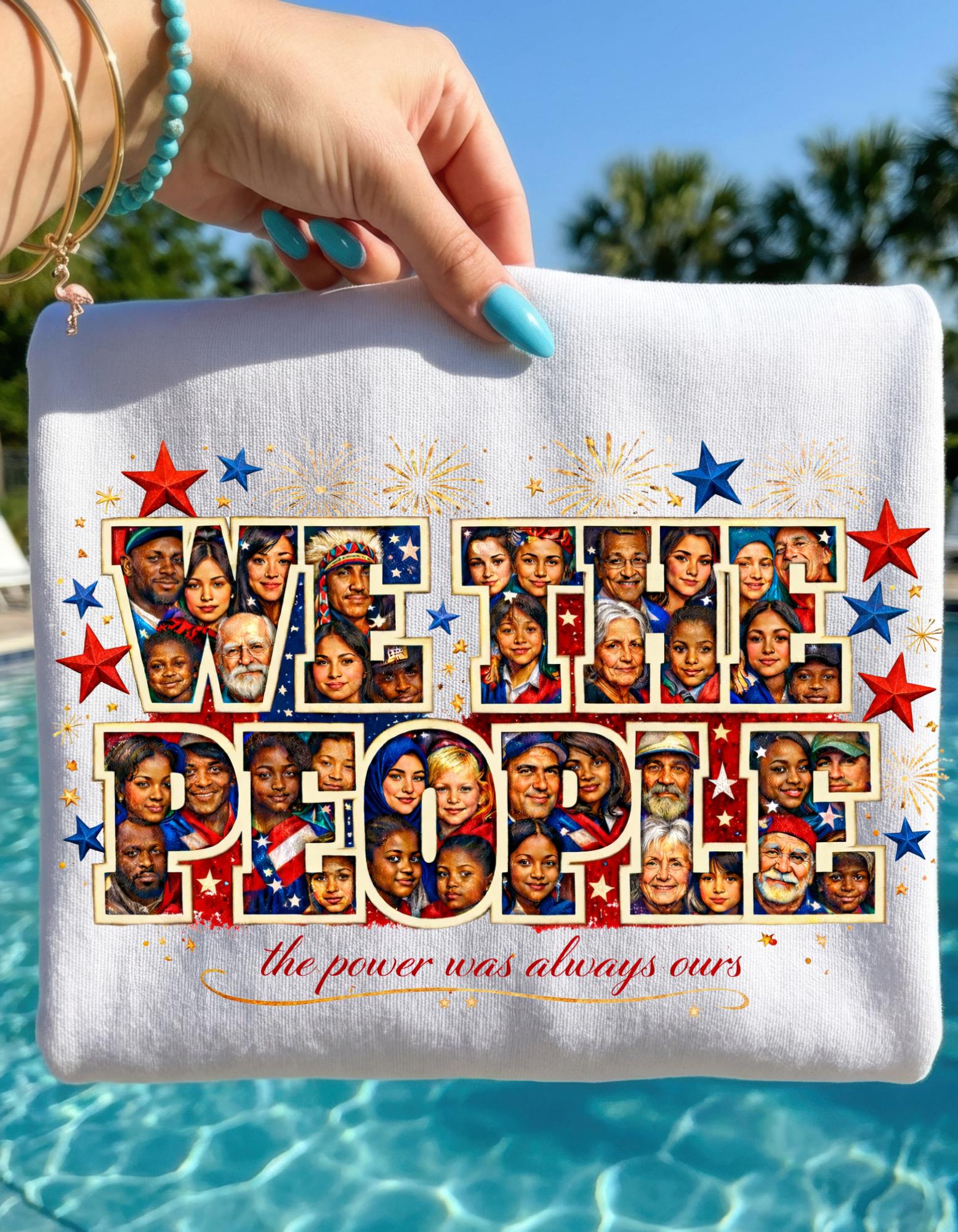 We The People Melting Pot Collage T-Shirt | Patriotic Stars Faces Typography Vintage Political Unity Tee