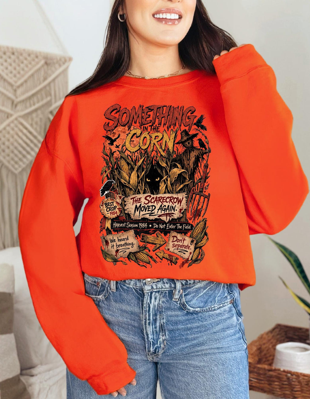 Something in the Corn creepy scarecrow crewneck sweatshirt | Halloween cornfield horror design