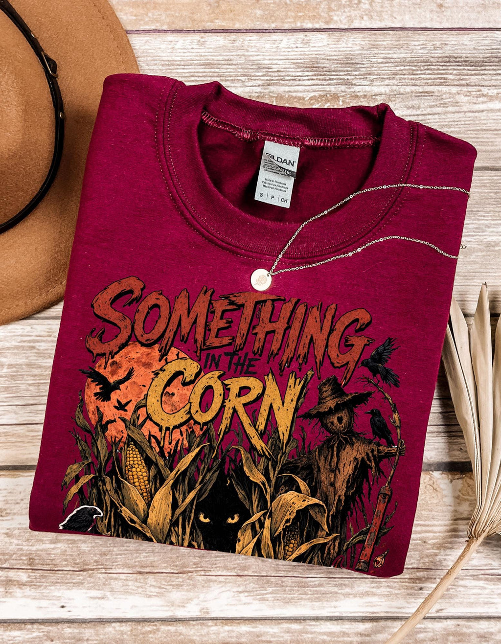 Something in the Corn creepy scarecrow crewneck sweatshirt | Halloween cornfield horror design