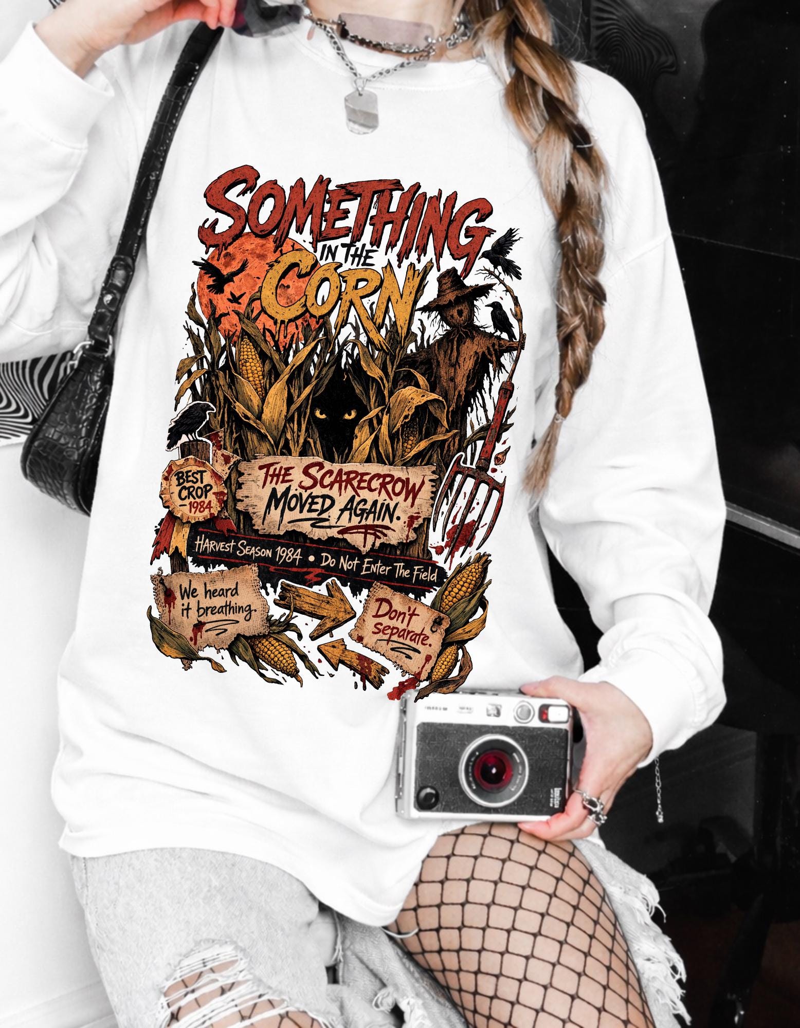 Something in the Corn creepy scarecrow crewneck sweatshirt | Halloween cornfield horror design
