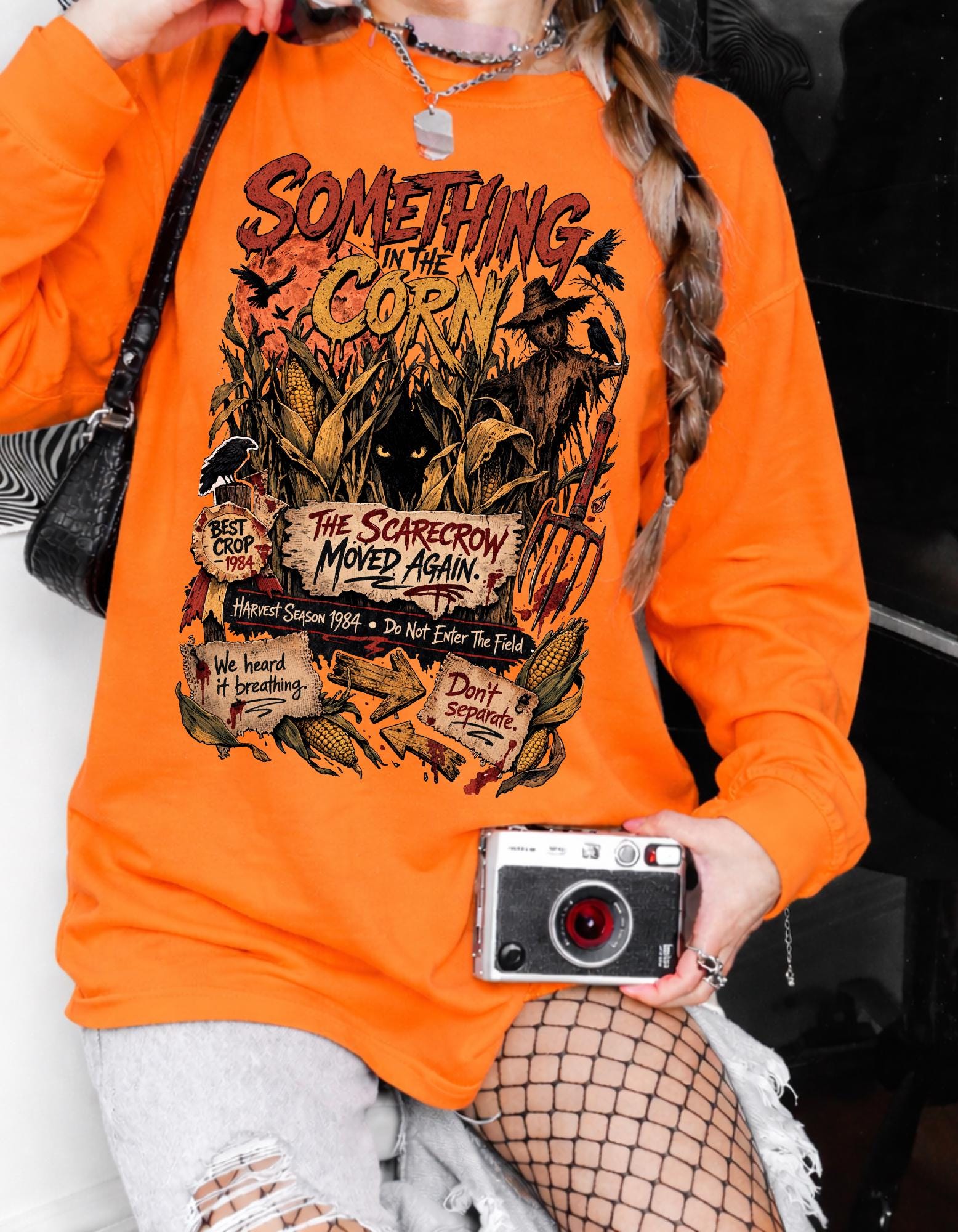 Something in the Corn creepy scarecrow crewneck sweatshirt | Halloween cornfield horror design