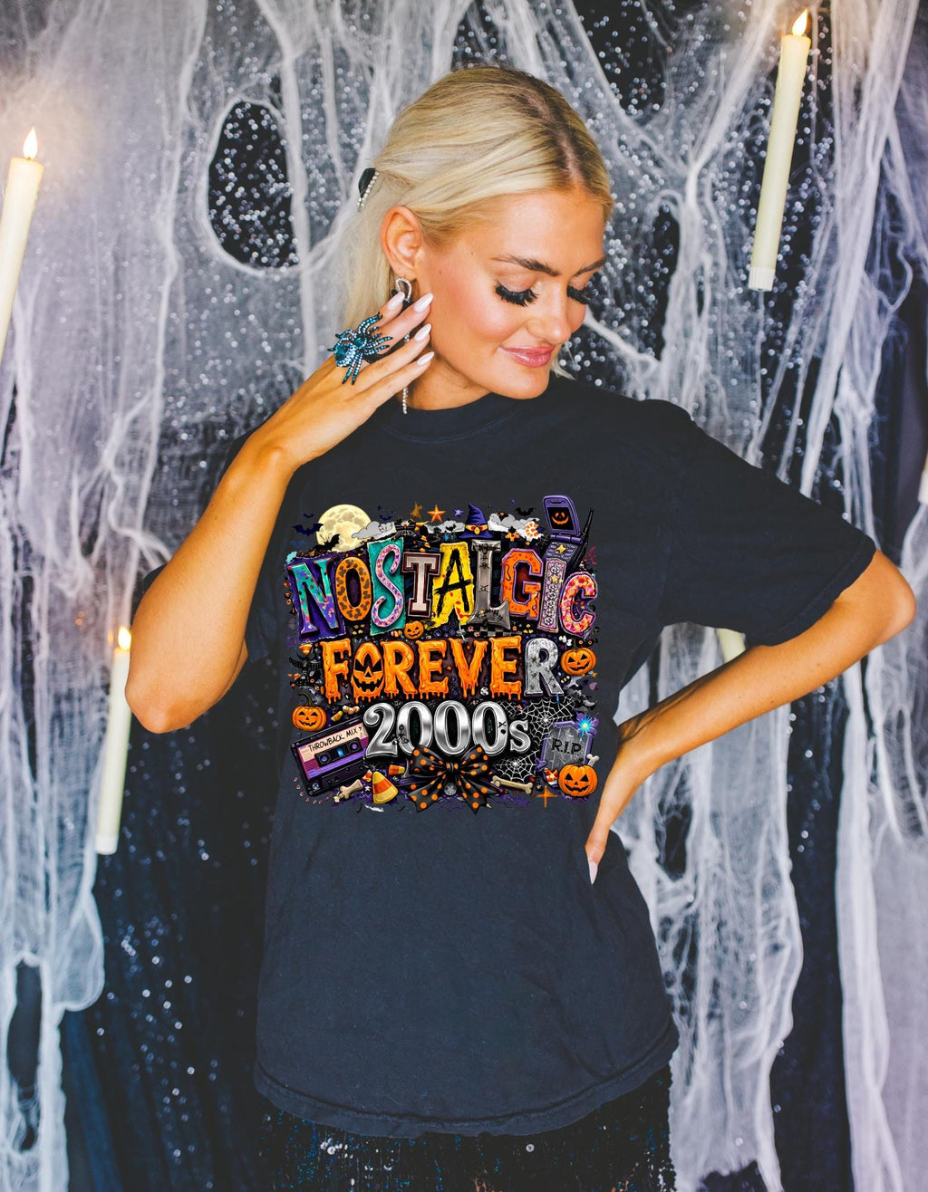 Nostalgic Forever 2000s Halloween T-Shirt | Retro Cassette Pumpkins Vintage Graphic Tee Spooky Y2K Throwback