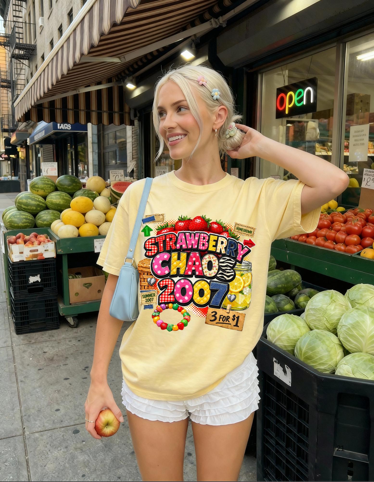 Strawberry Chaos 2007 T-Shirt | Retro Candy Market Graphic Vintage Tee Summer Festival Fashion