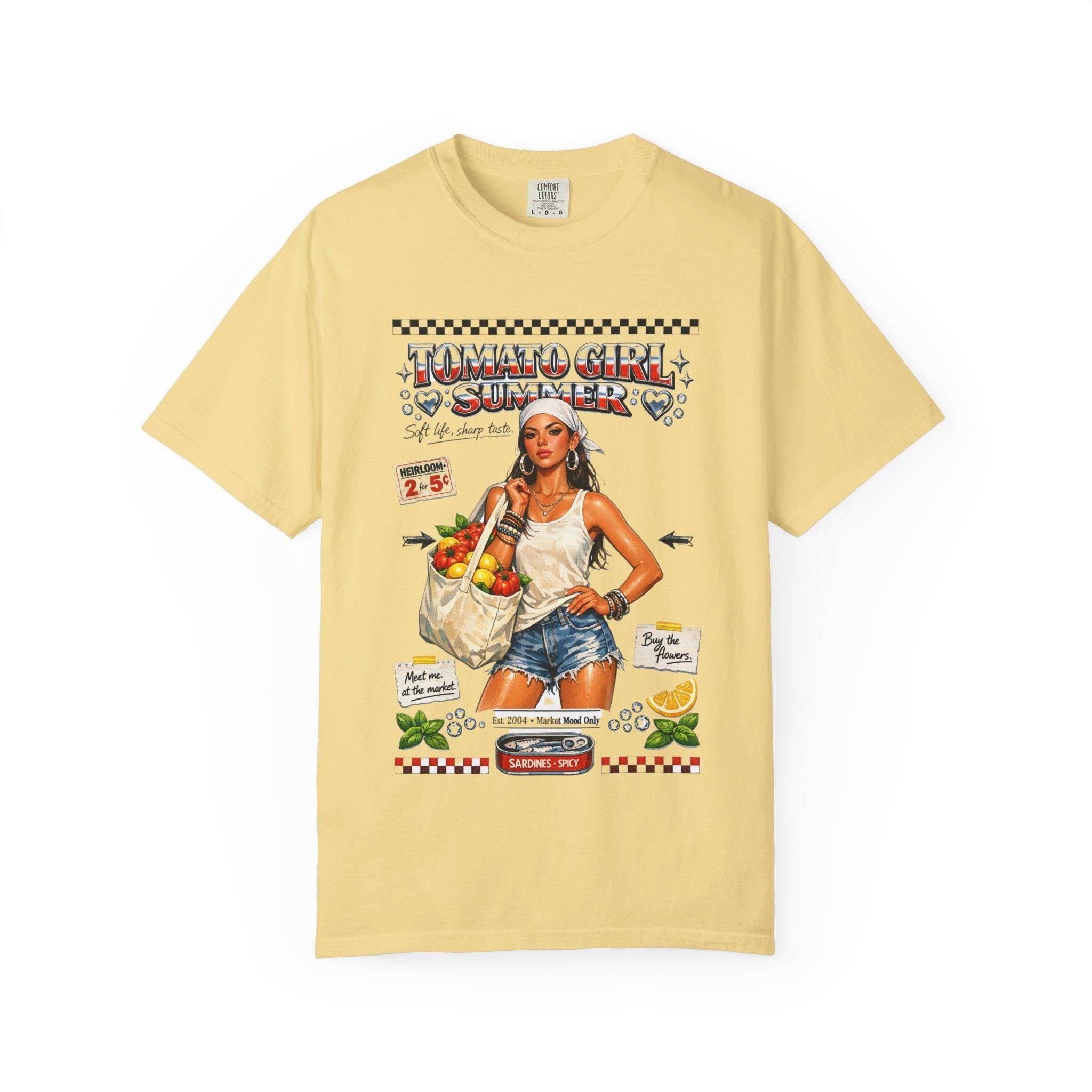 Tomato Girl Market Tote Graphic T-Shirt | Vintage Produce Poster Design Farmers Summer Tee