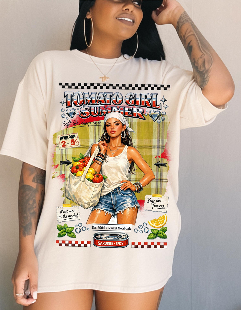 Tomato Girl Market Tote Graphic T-Shirt | Vintage Produce Poster Design Farmers Summer Tee