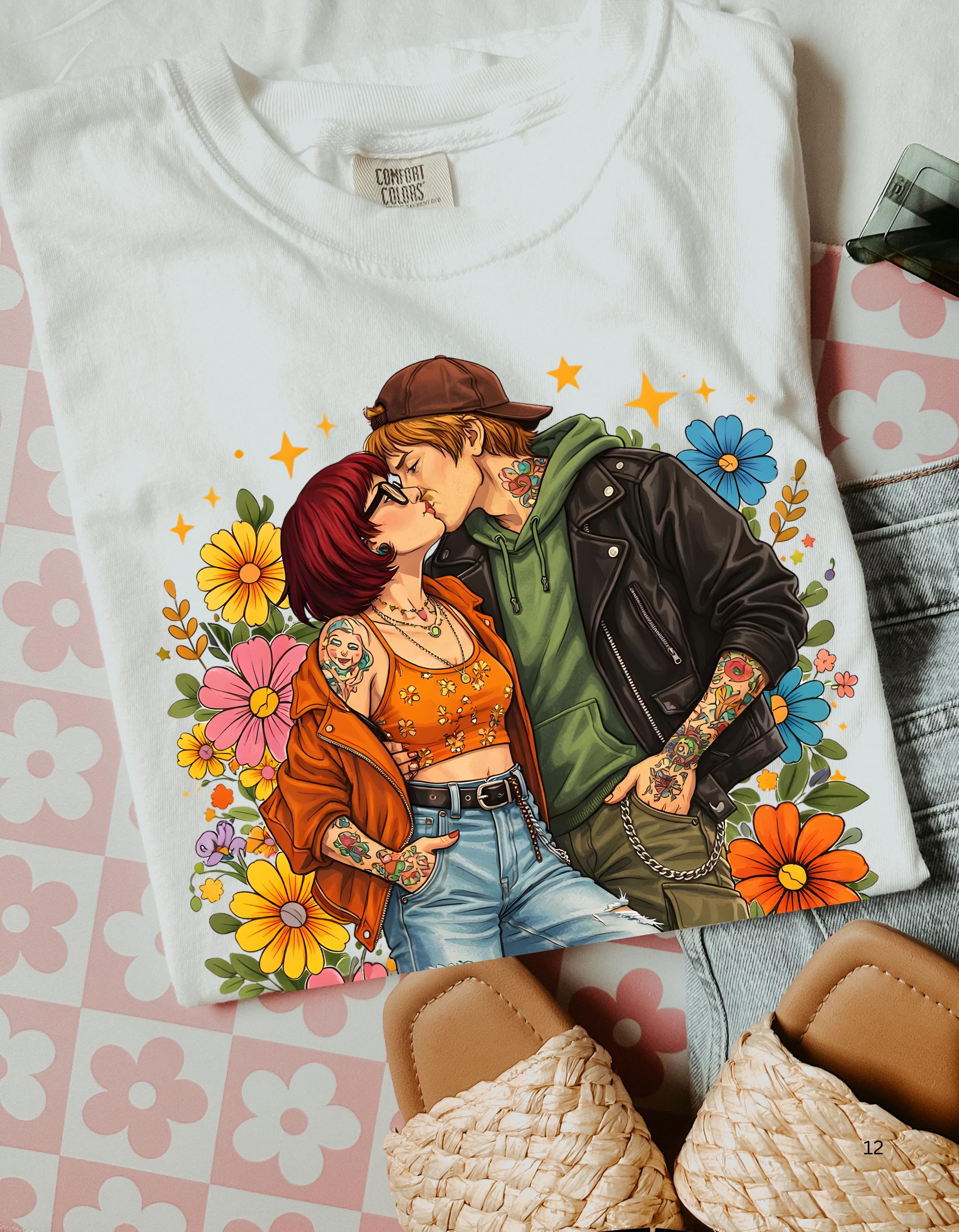 Groovy Love Couple Illustration T-Shirt | 70s Retro Flower Power Design Vintage Hippie Tee