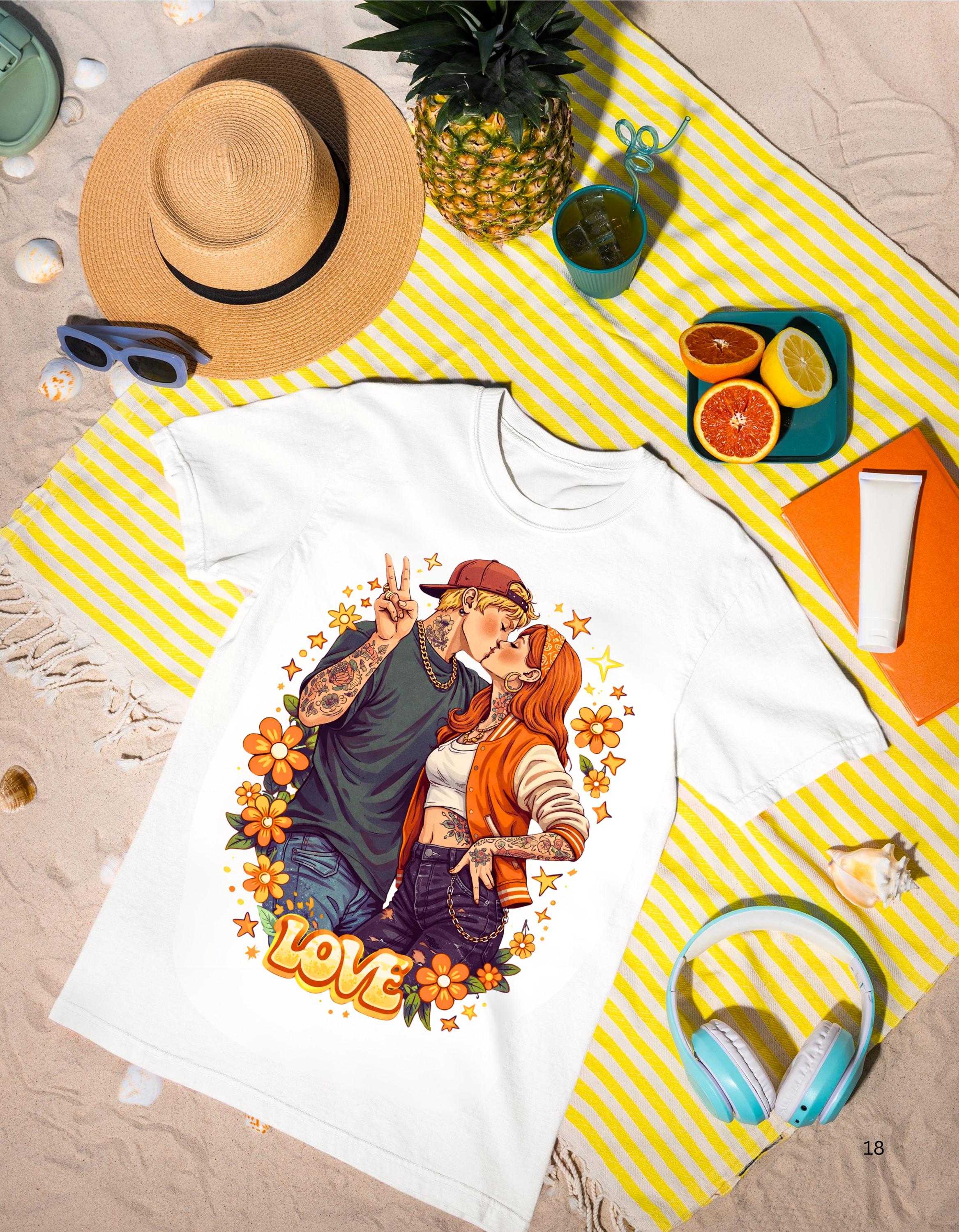 Kissing Couple Love T-Shirt Retro Floral Romance Tee Vintage Valentine Gift Unisex Top