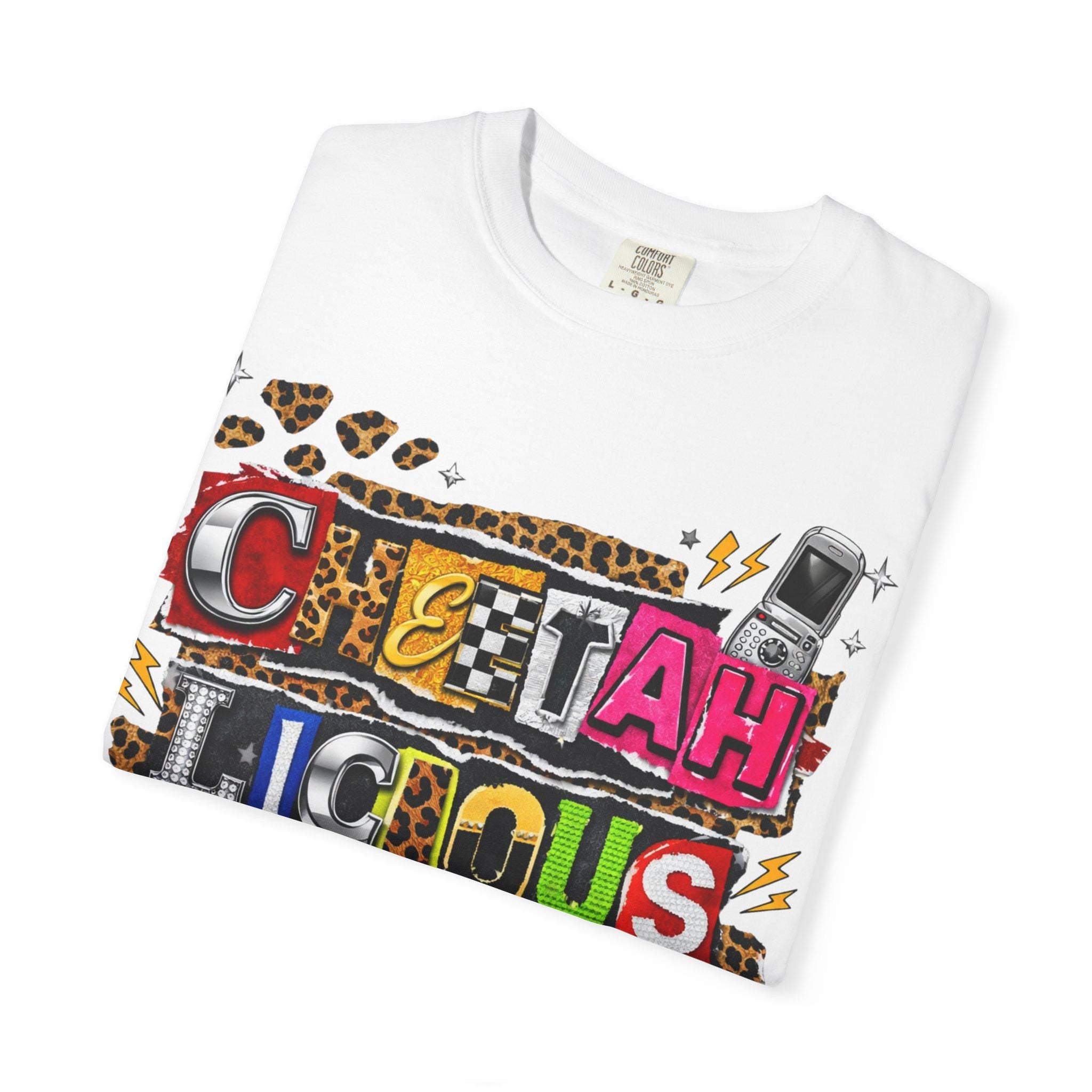 Cheetahlicious Collage T-Shirt | Retro Cassette Leopard Print Colorful Lettering Graphic Tee