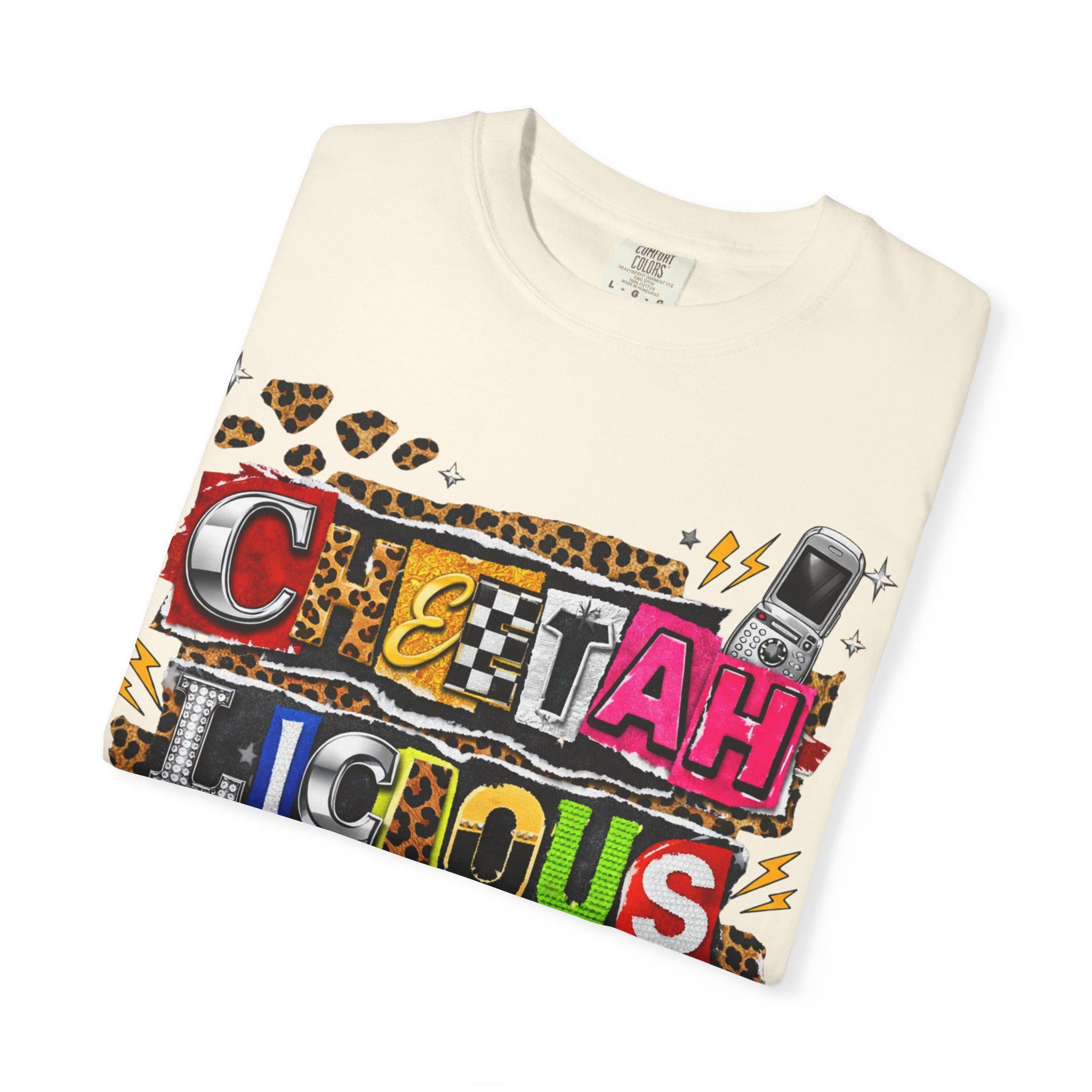 Cheetahlicious Collage T-Shirt | Retro Cassette Leopard Print Colorful Lettering Graphic Tee