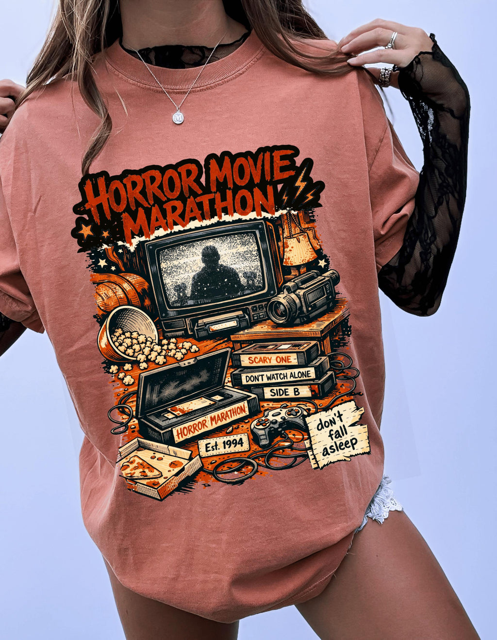 Horror Movie Marathon T-Shirt | Retro TV Popcorn Halloween Vintage Spooky Film Buff Gift Tee