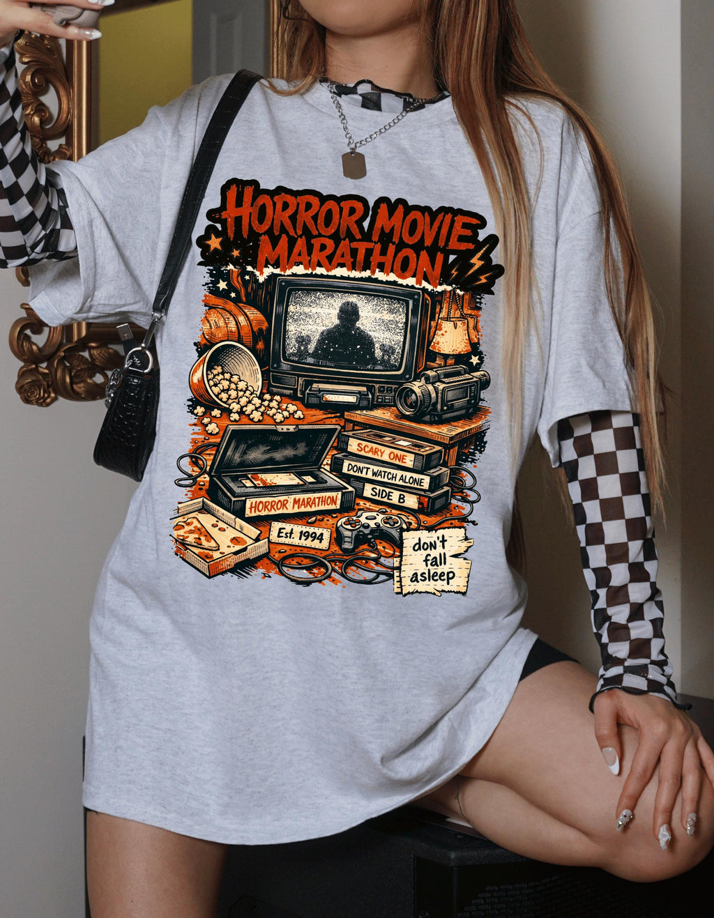 Horror Movie Marathon T-Shirt | Retro TV Popcorn Halloween Vintage Spooky Film Buff Gift Tee