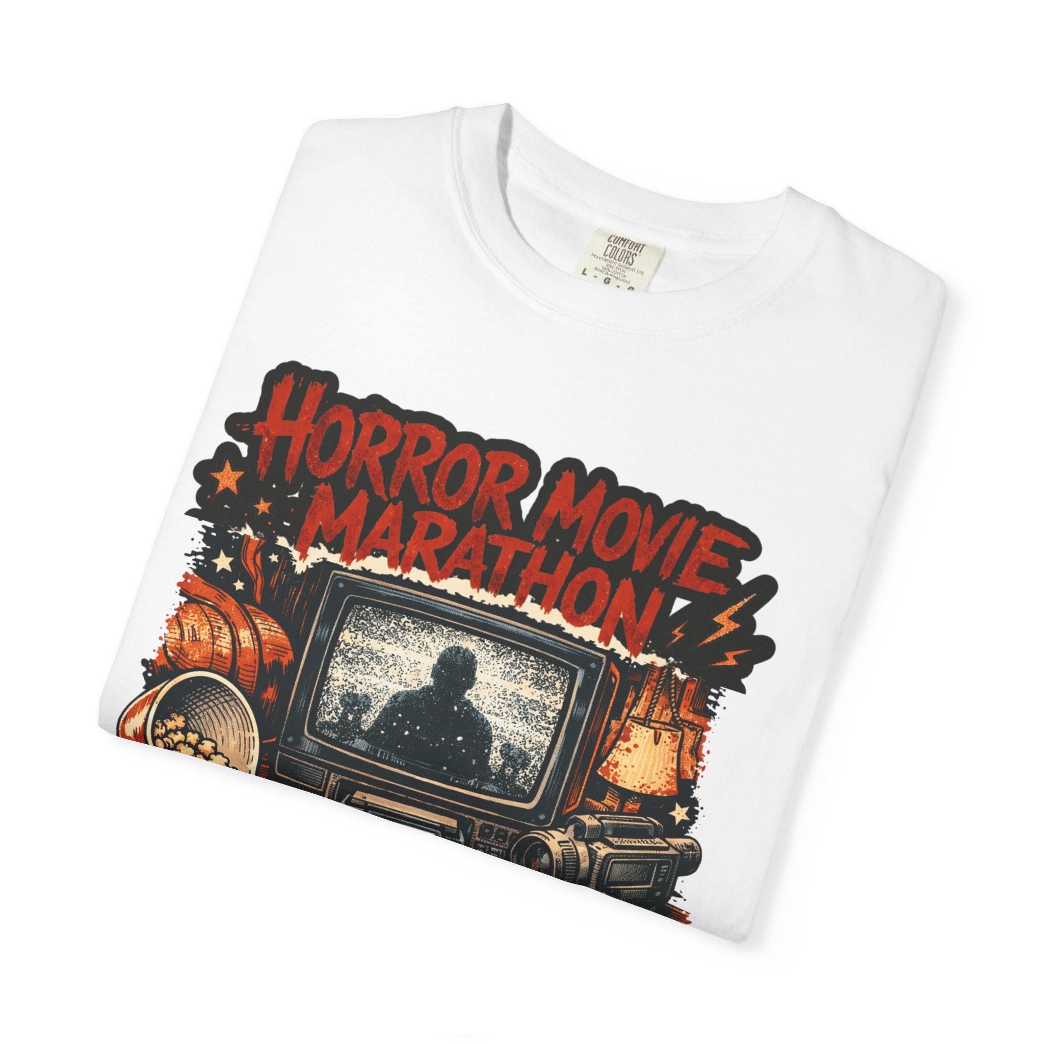 Horror Movie Marathon T-Shirt | Retro TV Popcorn Halloween Vintage Spooky Film Buff Gift Tee