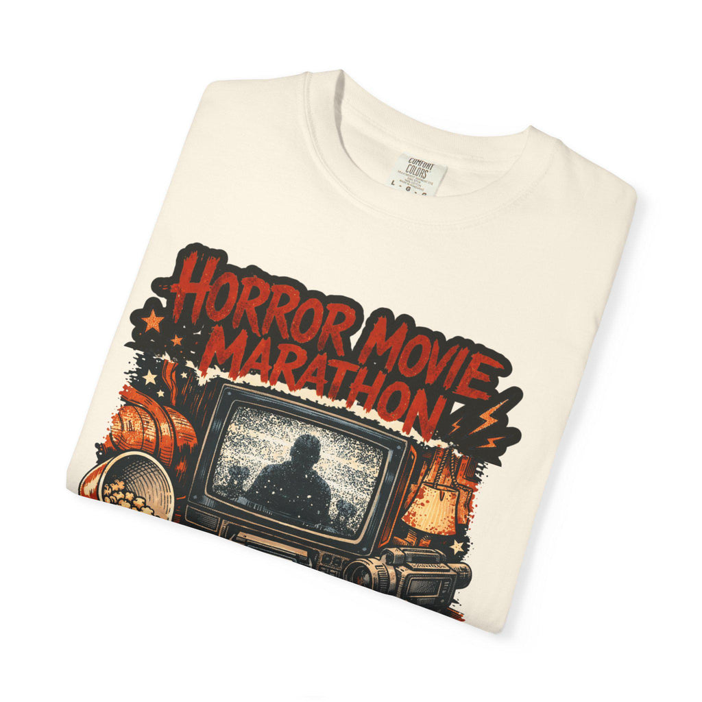 Horror Movie Marathon T-Shirt | Retro TV Popcorn Halloween Vintage Spooky Film Buff Gift Tee