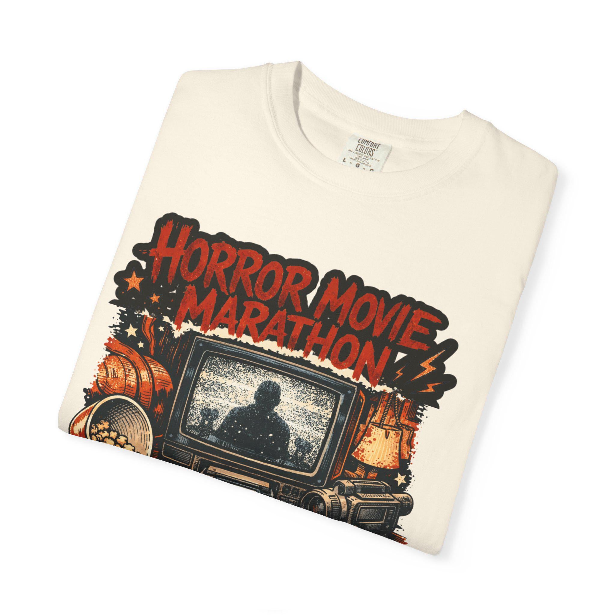 Horror Movie Marathon T-Shirt | Retro TV Popcorn Halloween Vintage Spooky Film Buff Gift Tee