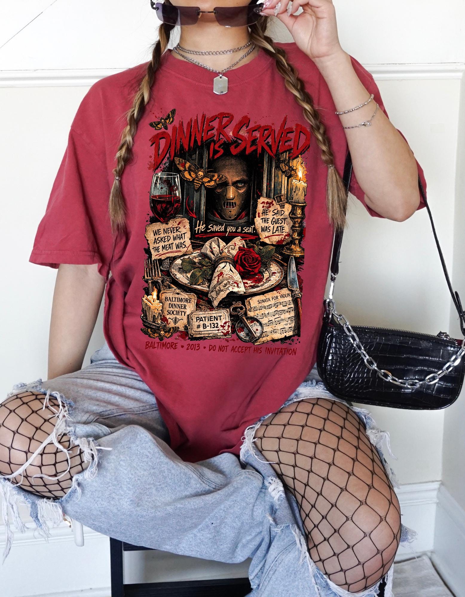 Dawnerscored Horror Scene T-Shirt Vintage Grunge Graphic Tee Unisex Cotton Casual Wear