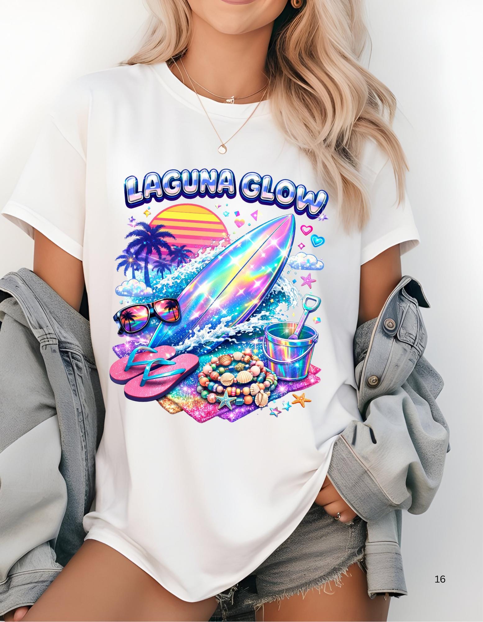 Laguna Glow surfboard sunset graphic T-Shirt | neon beach vibes