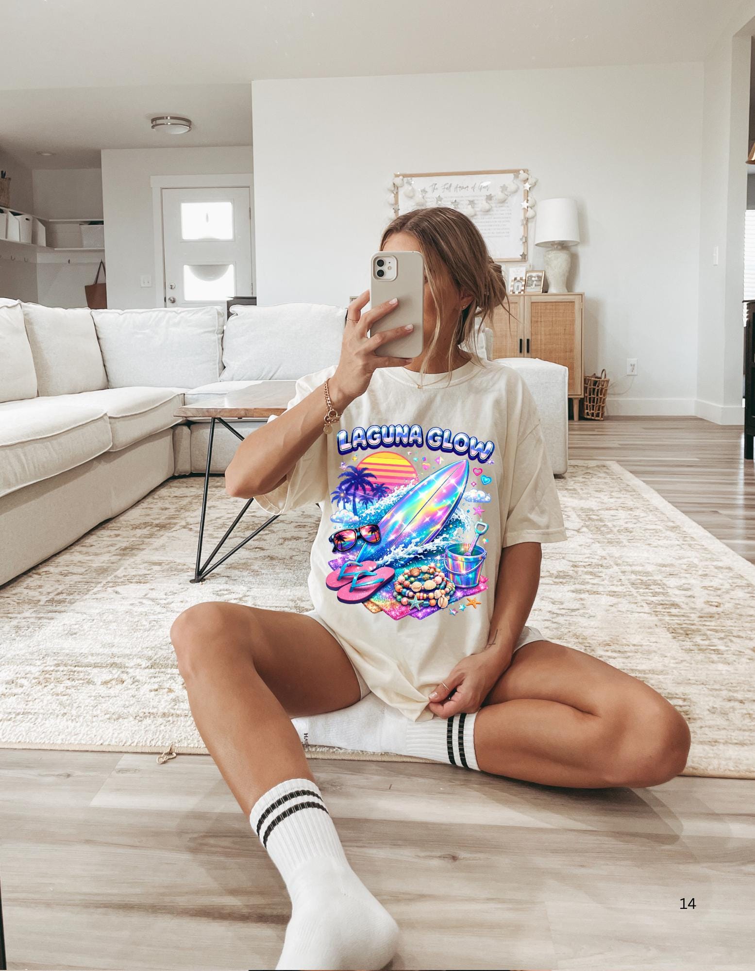 Laguna Glow surfboard sunset graphic T-Shirt | neon beach vibes
