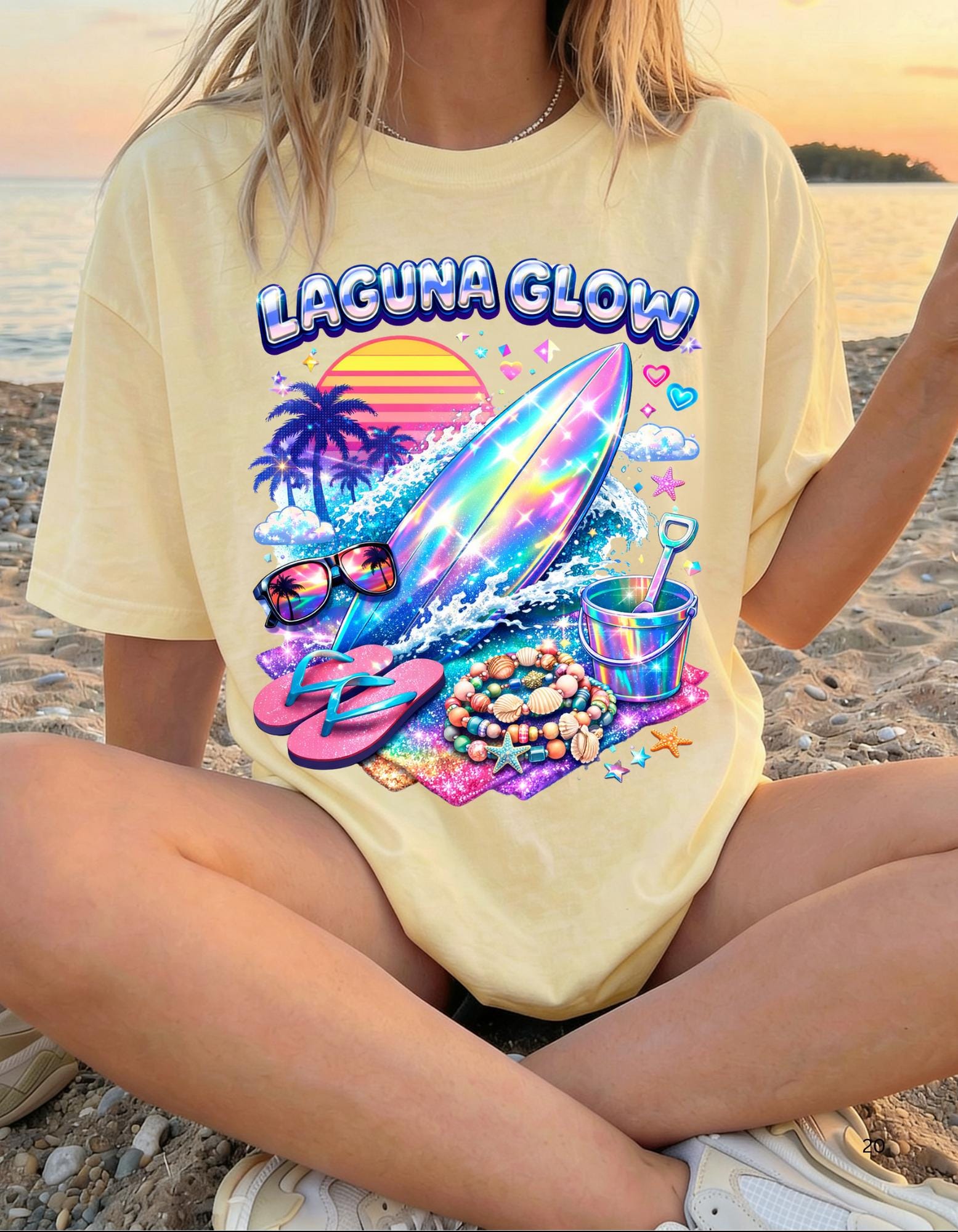 Laguna Glow surfboard sunset graphic T-Shirt | neon beach vibes