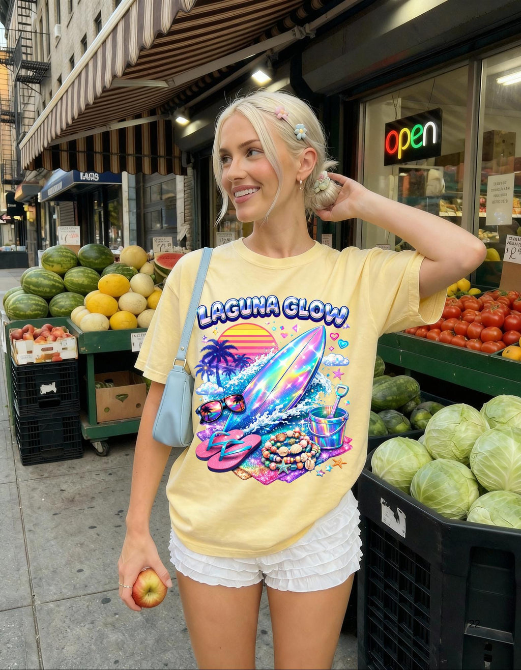 Laguna Glow surfboard sunset graphic T-Shirt | neon beach vibes
