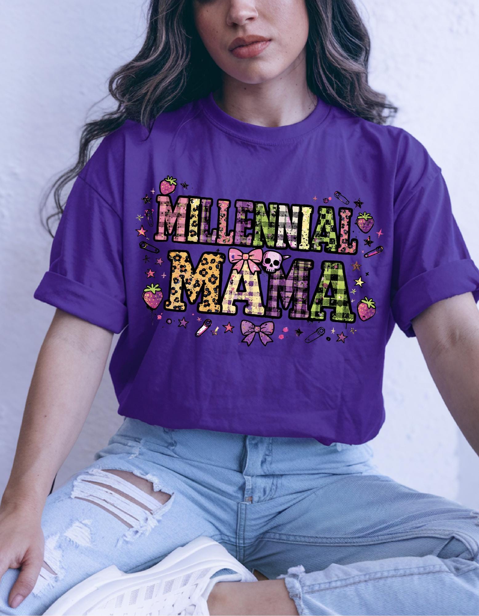Millennial Mama T-Shirt | Garment-Dyed Boho Mom Tee, Leopard Bow Heart Design