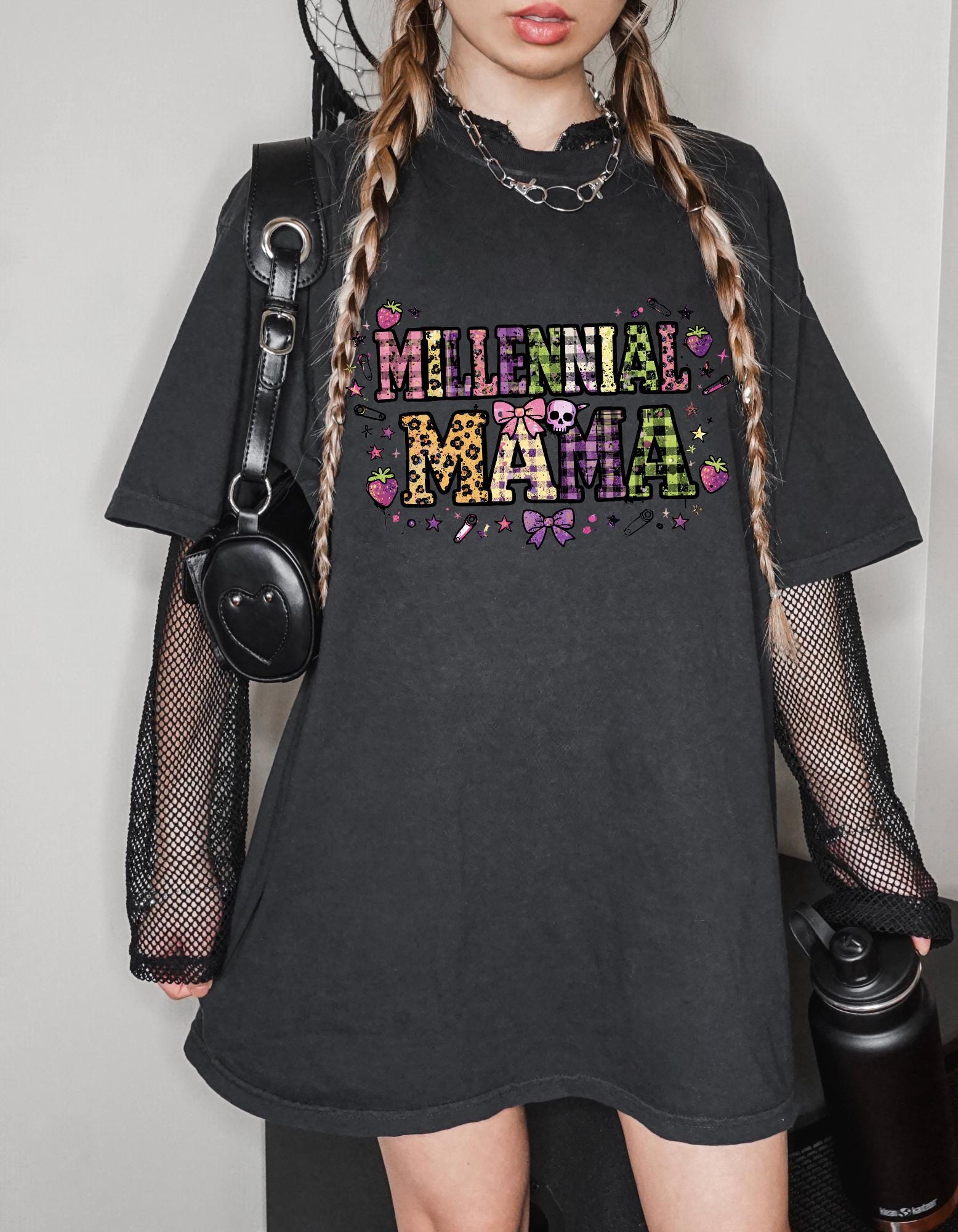Millennial Mama T-Shirt | Garment-Dyed Boho Mom Tee, Leopard Bow Heart Design
